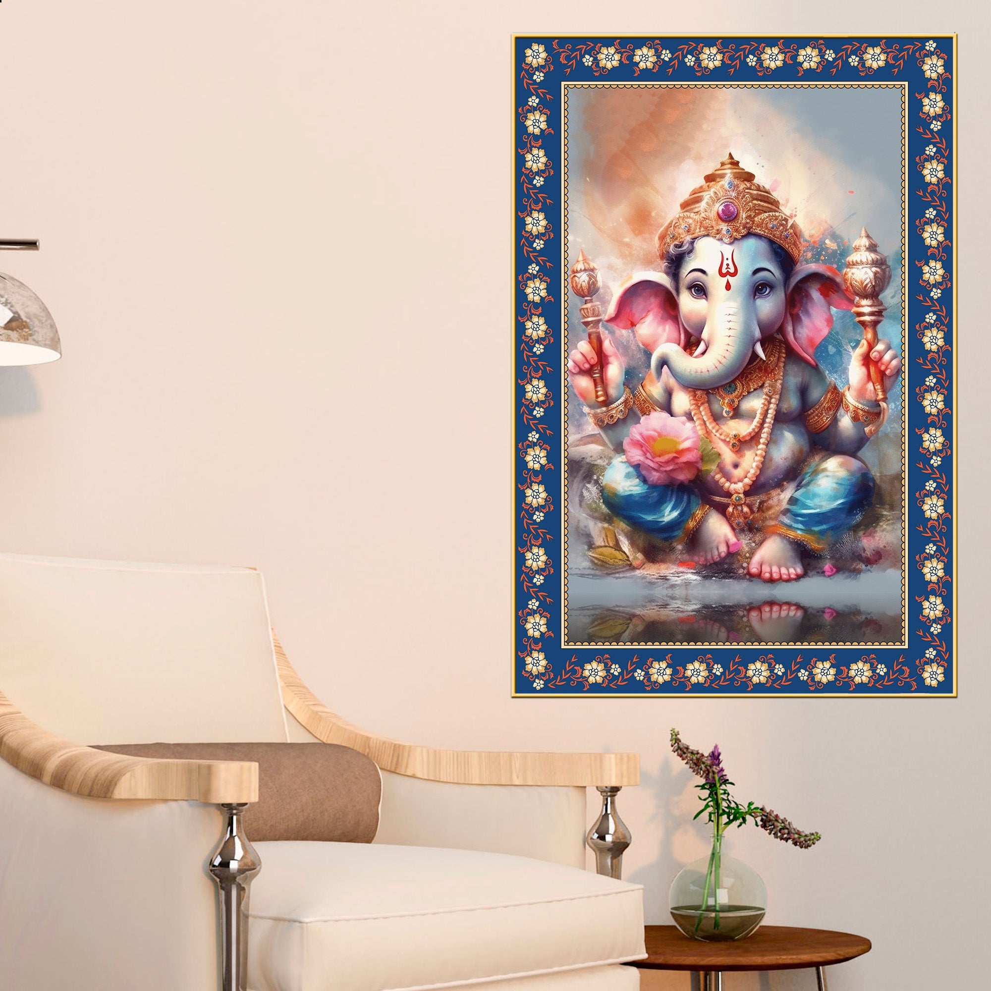 Beautiful Bal Ganesha Floral Border Vertical Wall Painting