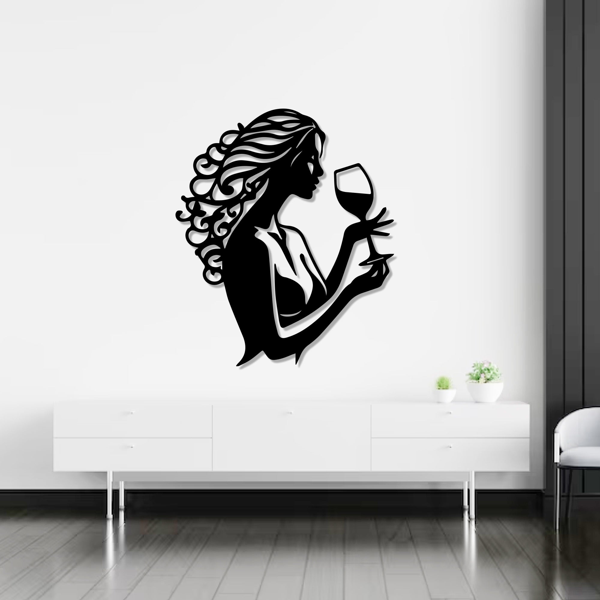Beautiful Curly Hair Women With Wine Metal Wall Art Decor