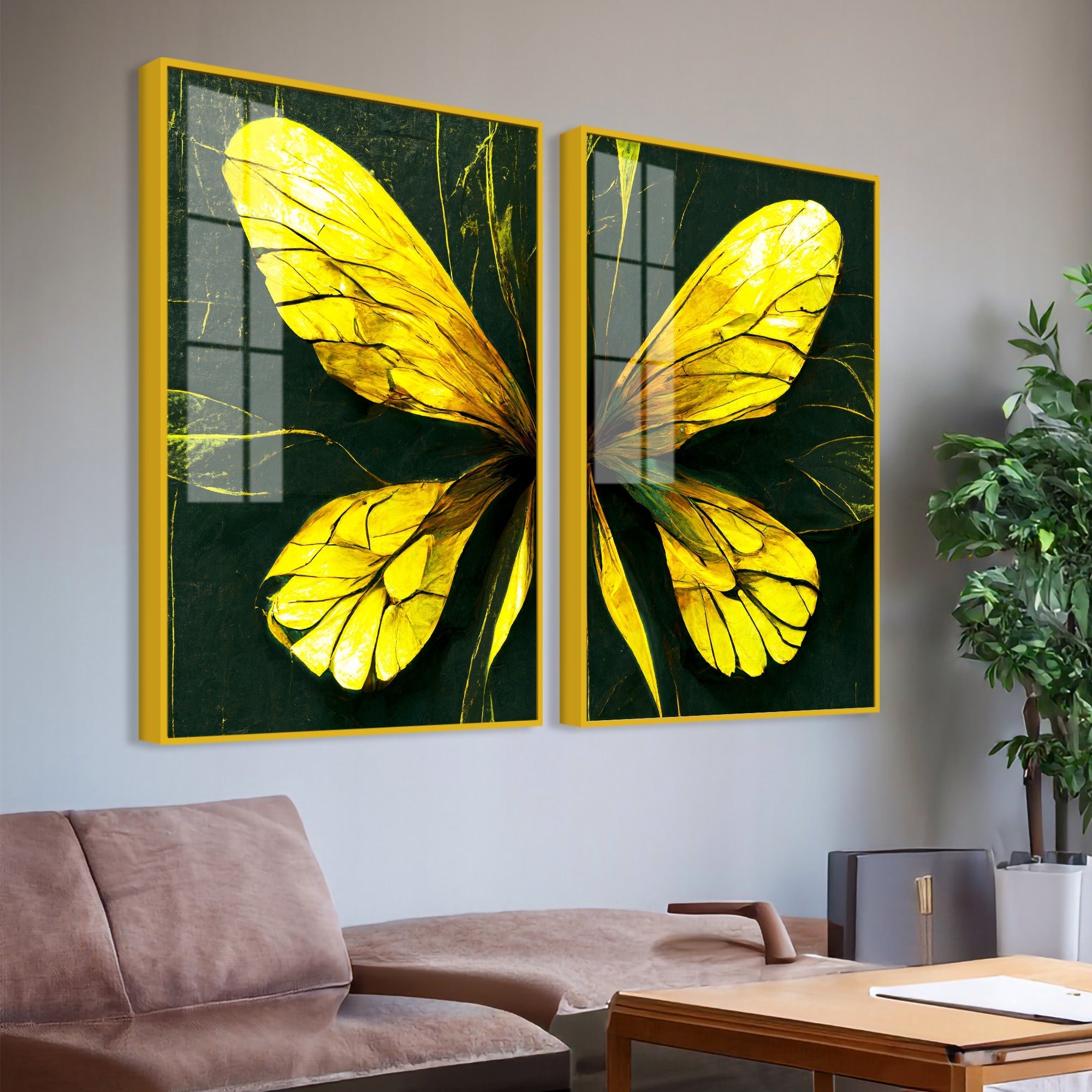 Beautiful Design of Golden Wings Art Acrylic Floating Wall Painting Set Of 2