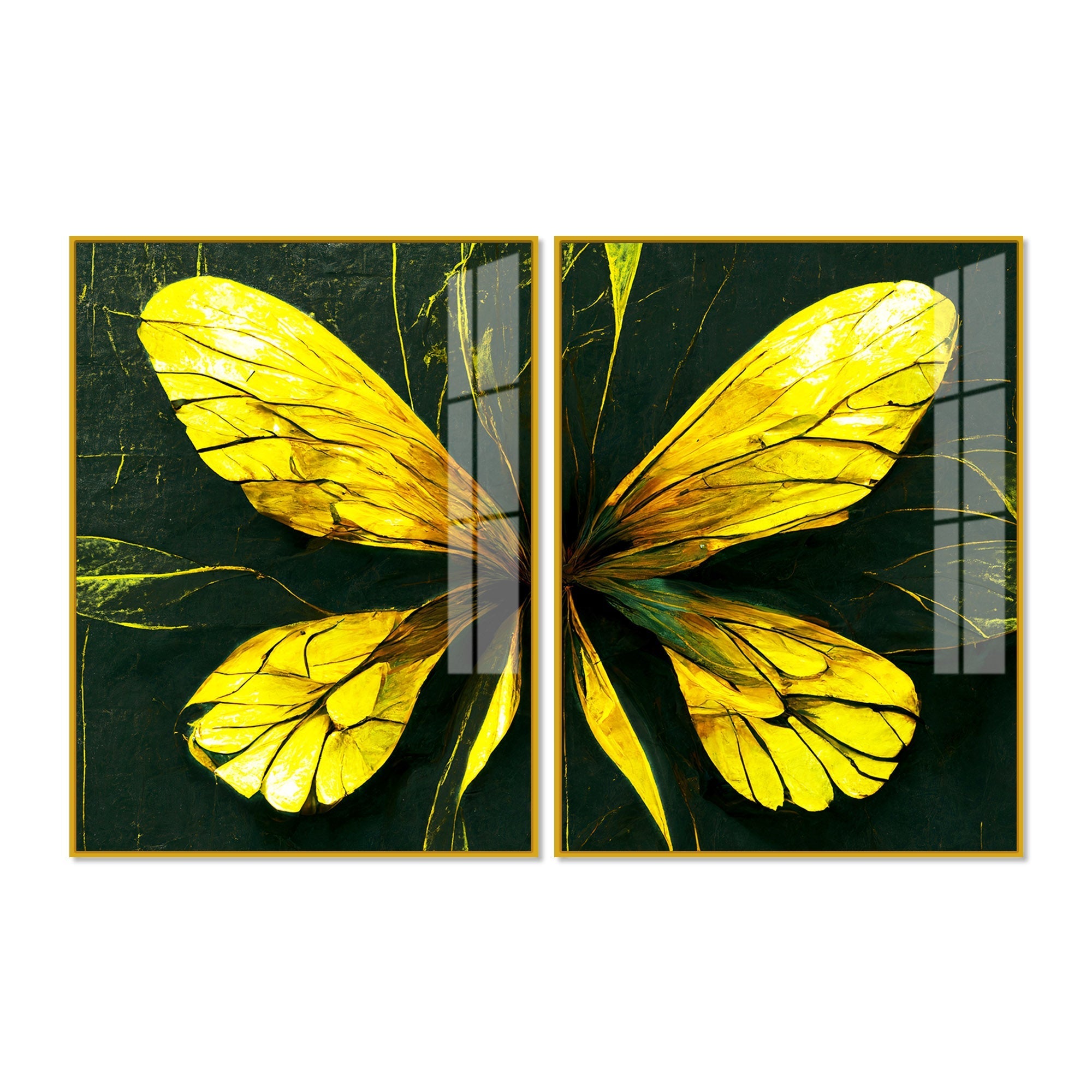 Beautiful Design of Golden Wings Art Acrylic Floating Wall Painting Set Of 2
