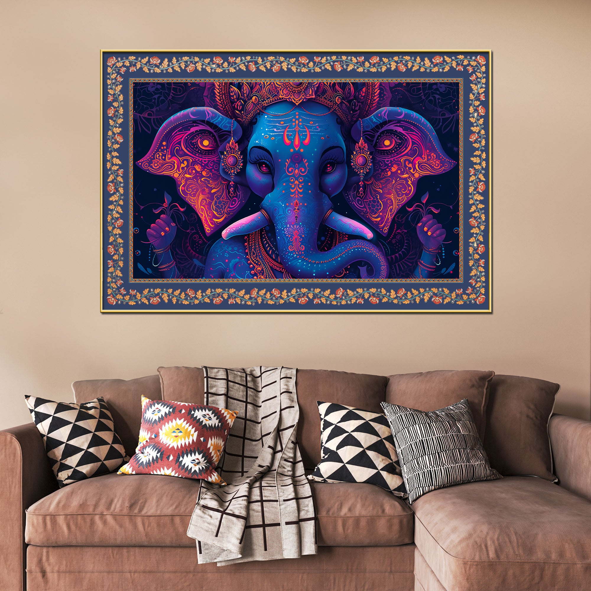 Beautiful Design Shree Ganesha Floral Border Canvas Wall Painting