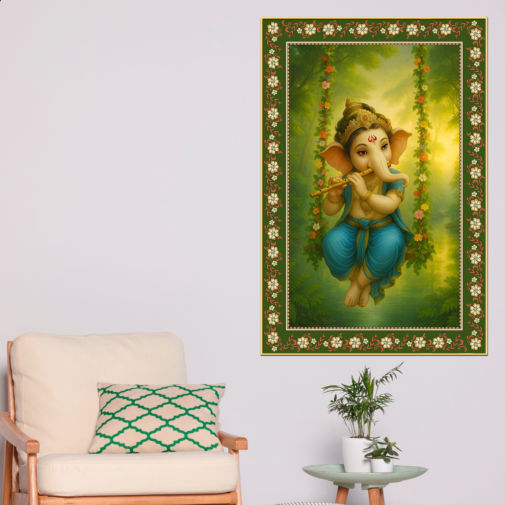 Beautiful Ganesh with Flute Floral Border Vertical Wall Painting