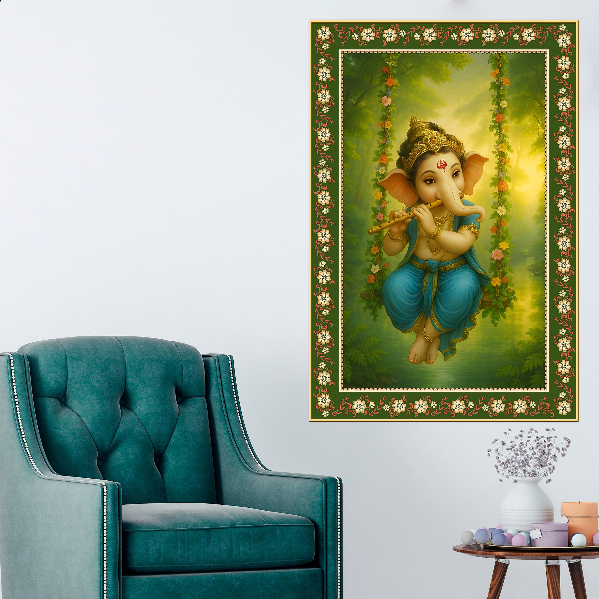 Beautiful Ganesh with Flute Floral Border Vertical Wall Painting