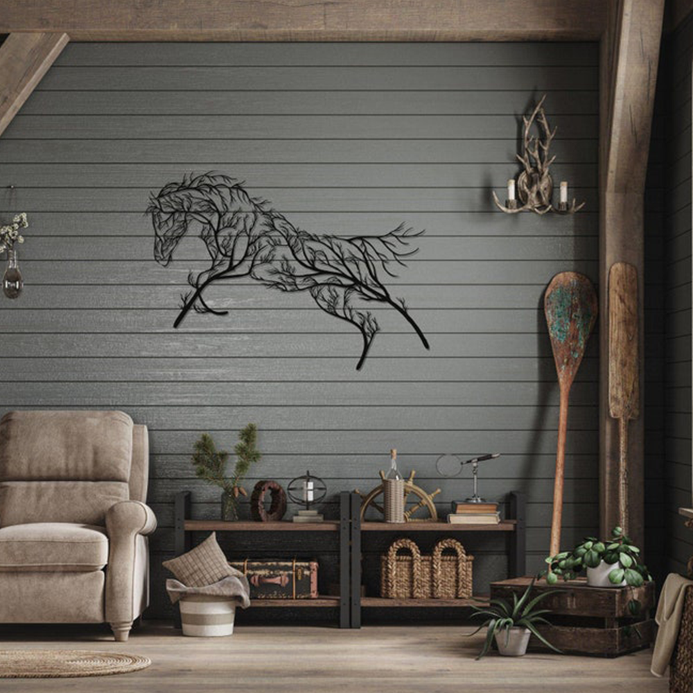 Beautiful Geometric Horse and Tree Metal Wall Art Decor