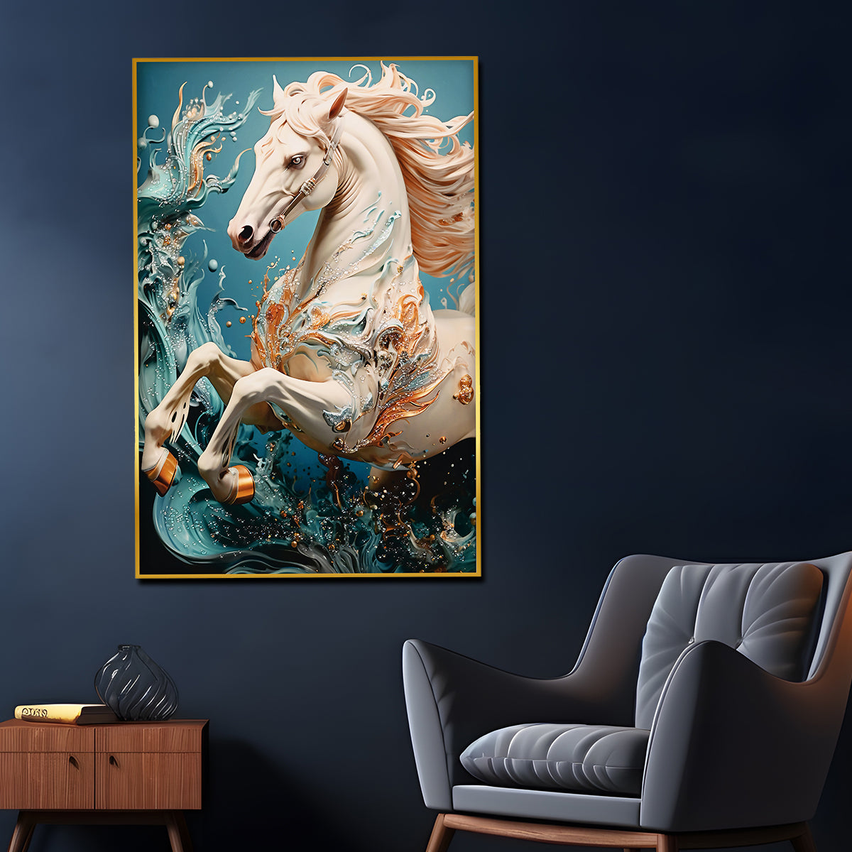 Beautiful Glacier Stallion Horse Framed Crystal Glass Painting