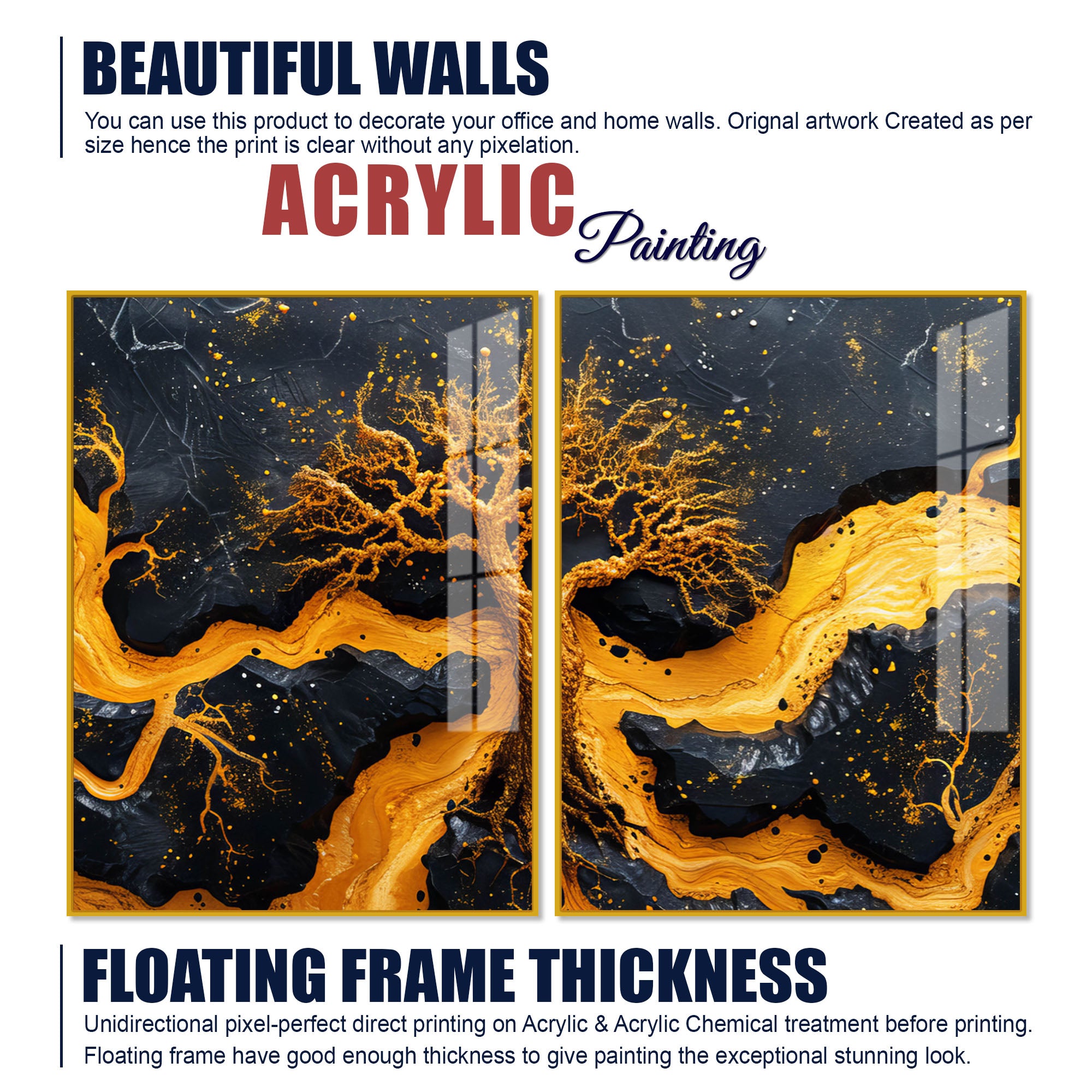 Beautiful Golden Artistic Tree Root Shaped Acrylic Art Floating Wall Painting Set of 2