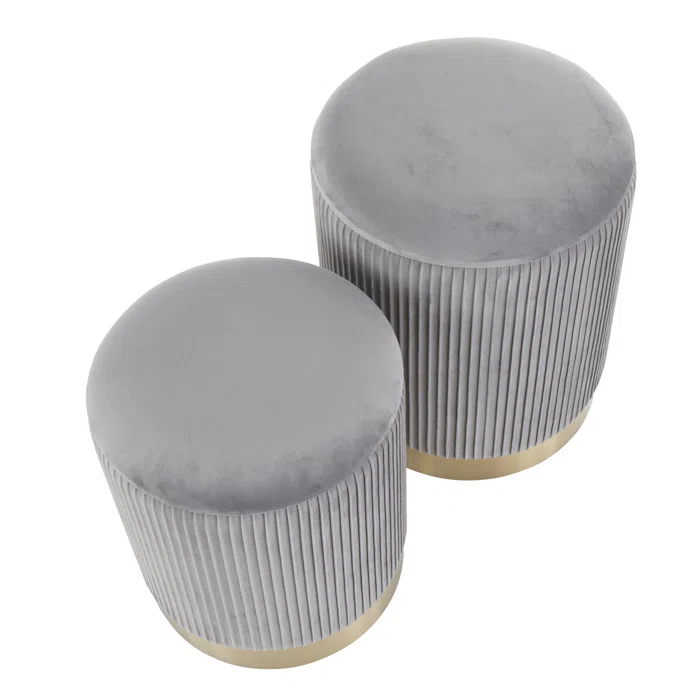 Beautiful Grey Color Velvet Round Storage Ottoman with Storage Set of 2