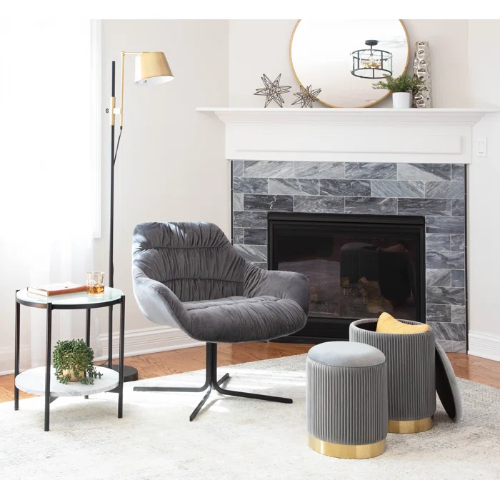 Beautiful Grey Color Velvet Round Storage Ottoman with Storage Set of 2