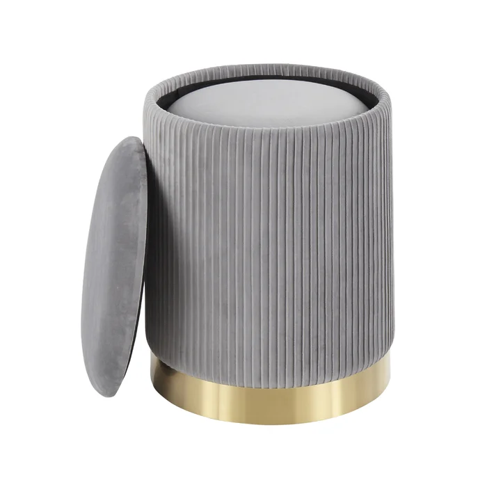 Beautiful Grey Color Velvet Round Storage Ottoman with Storage Set of 2