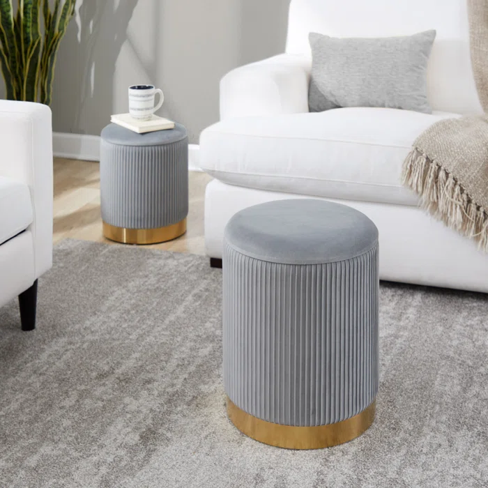 Beautiful Grey Color Velvet Round Storage Ottoman with Storage Set of 2