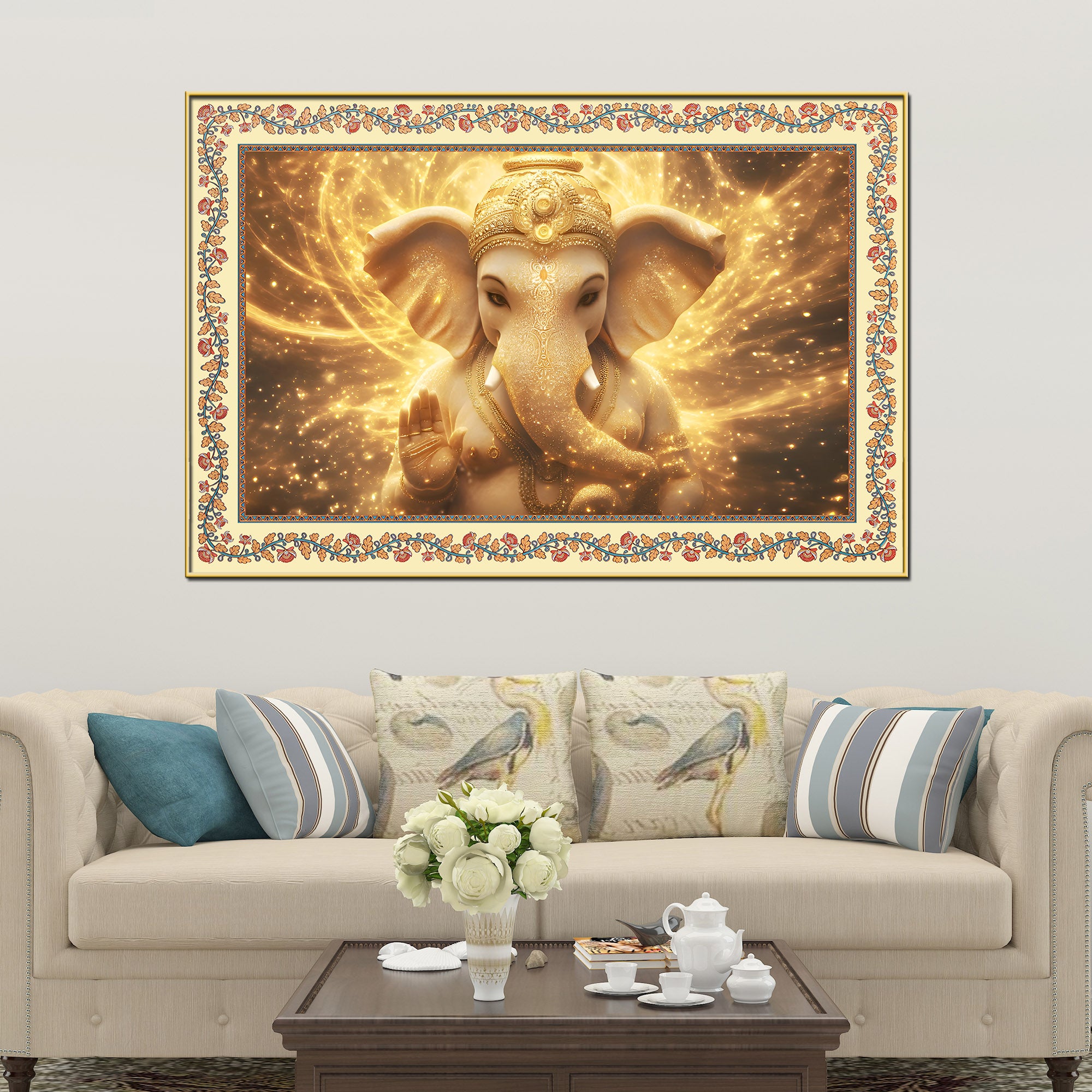 Beautiful Lord Ganesha in Lighting Floral Border Canvas Wall Painting