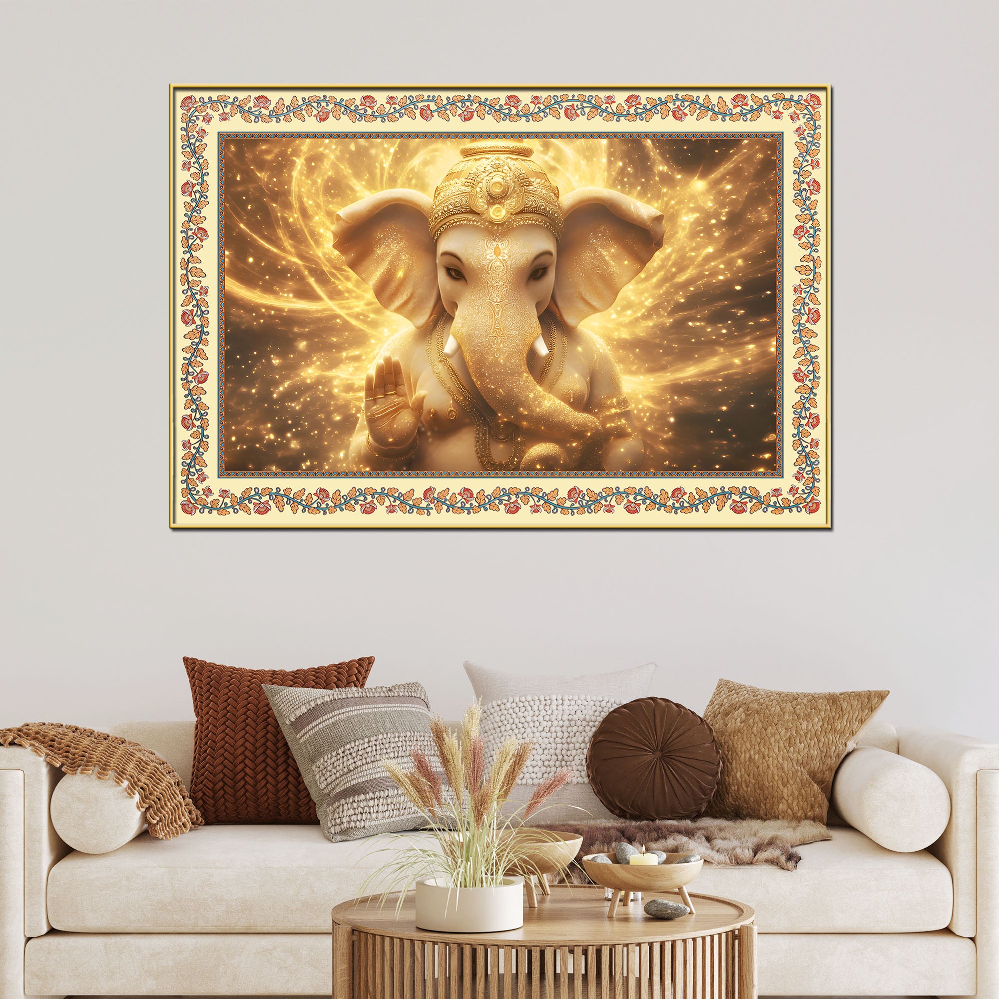 Beautiful Lord Ganesha in Lighting Floral Border Canvas Wall Painting