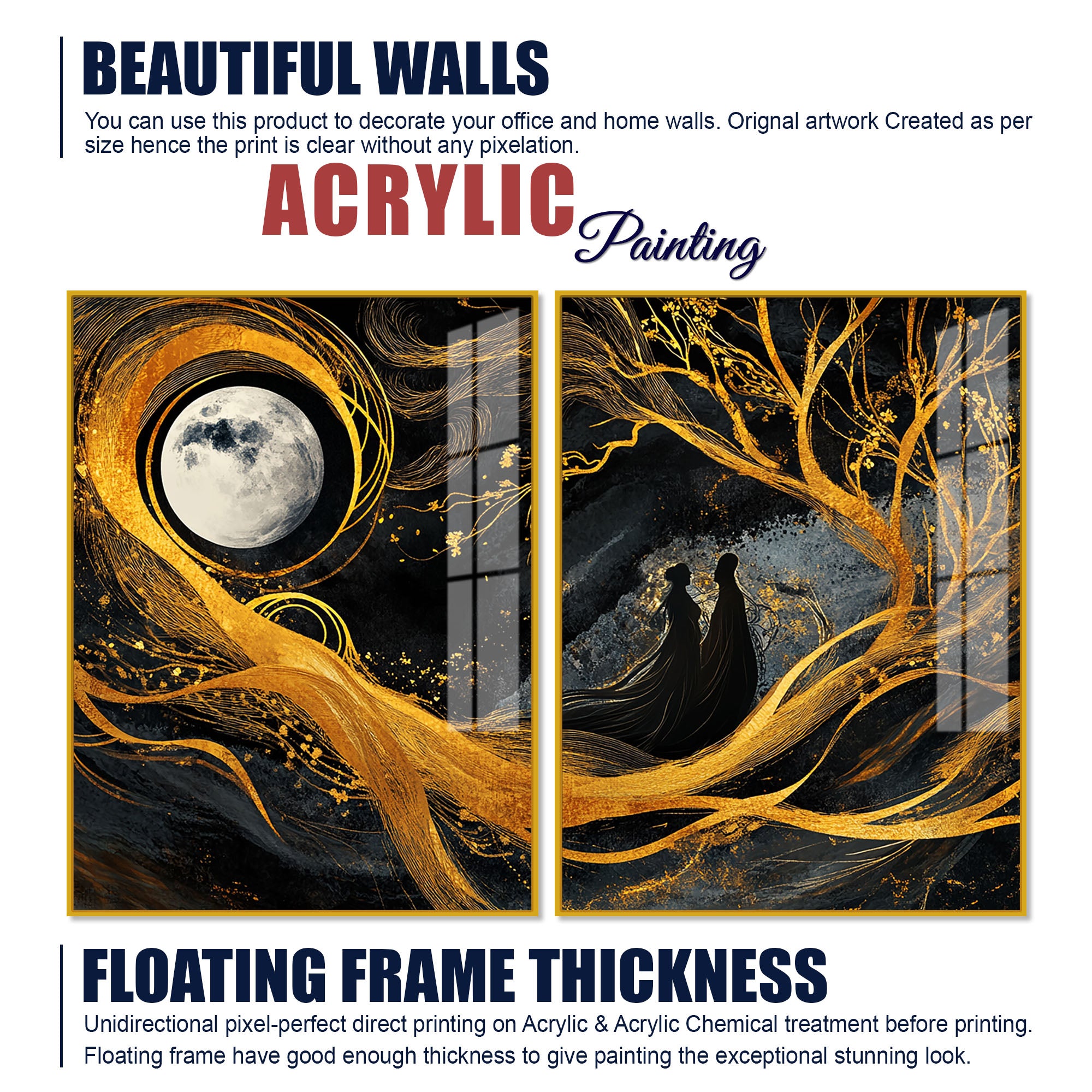 Beautiful Moon Textured Abstract Acrylic Art Floating Wall Painting Set of 2