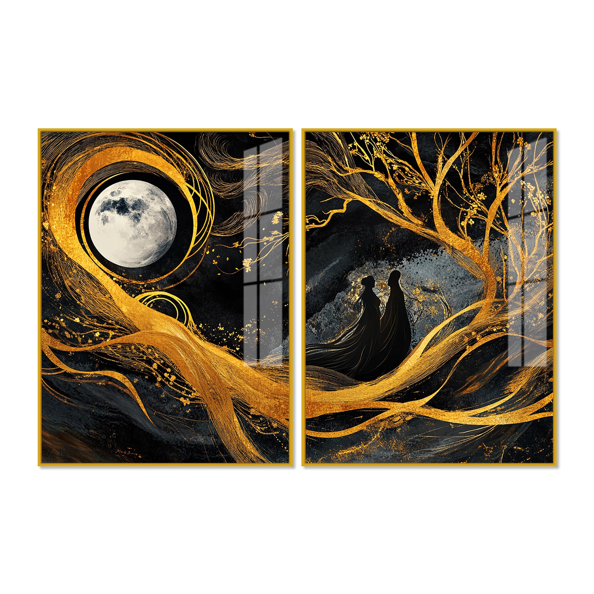 Beautiful Moon Textured Abstract Acrylic Art Floating Wall Painting Set of 2