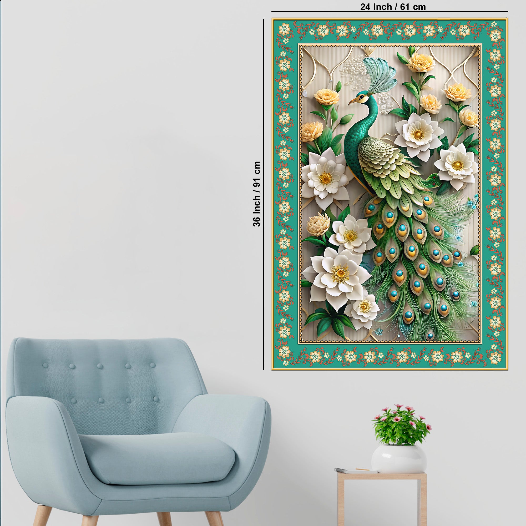 Beautiful Peacock with Flowers Floral Border Vertical Wall Painting