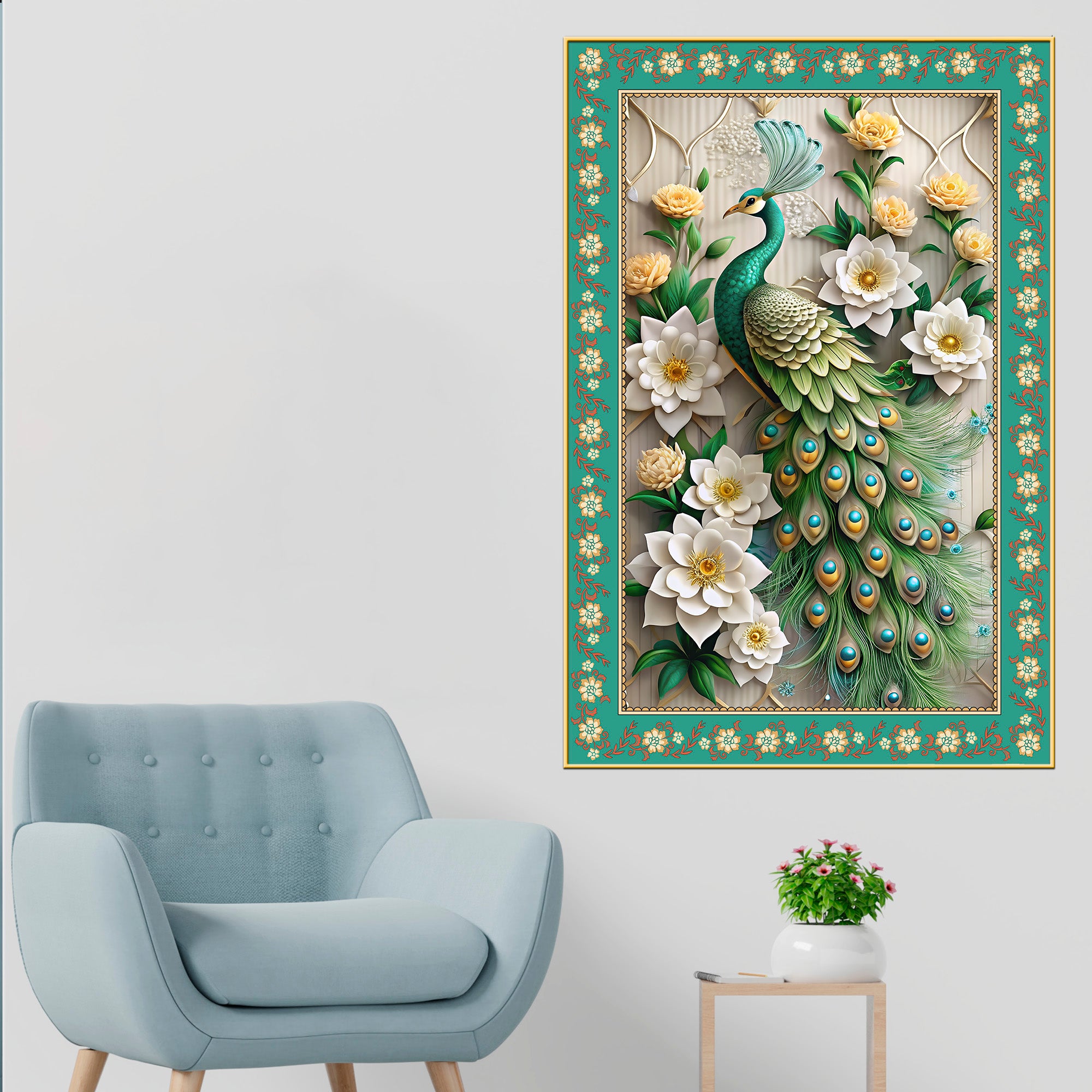 Beautiful Peacock with Flowers Floral Border Vertical Wall Painting