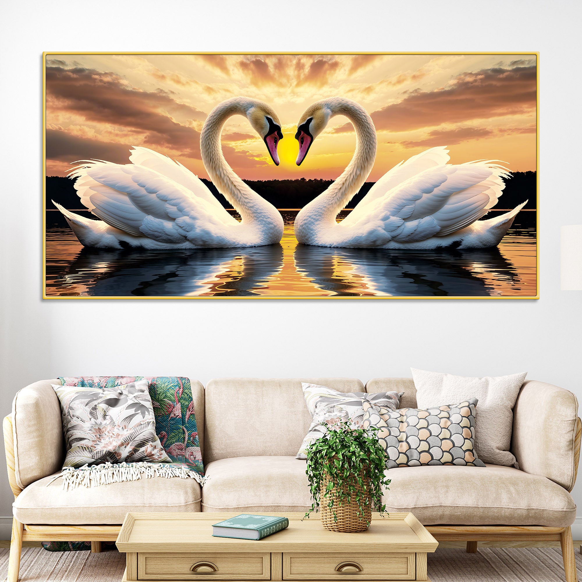 Beautiful Swan Pair Wall Painting for Home & Bedroom Décor