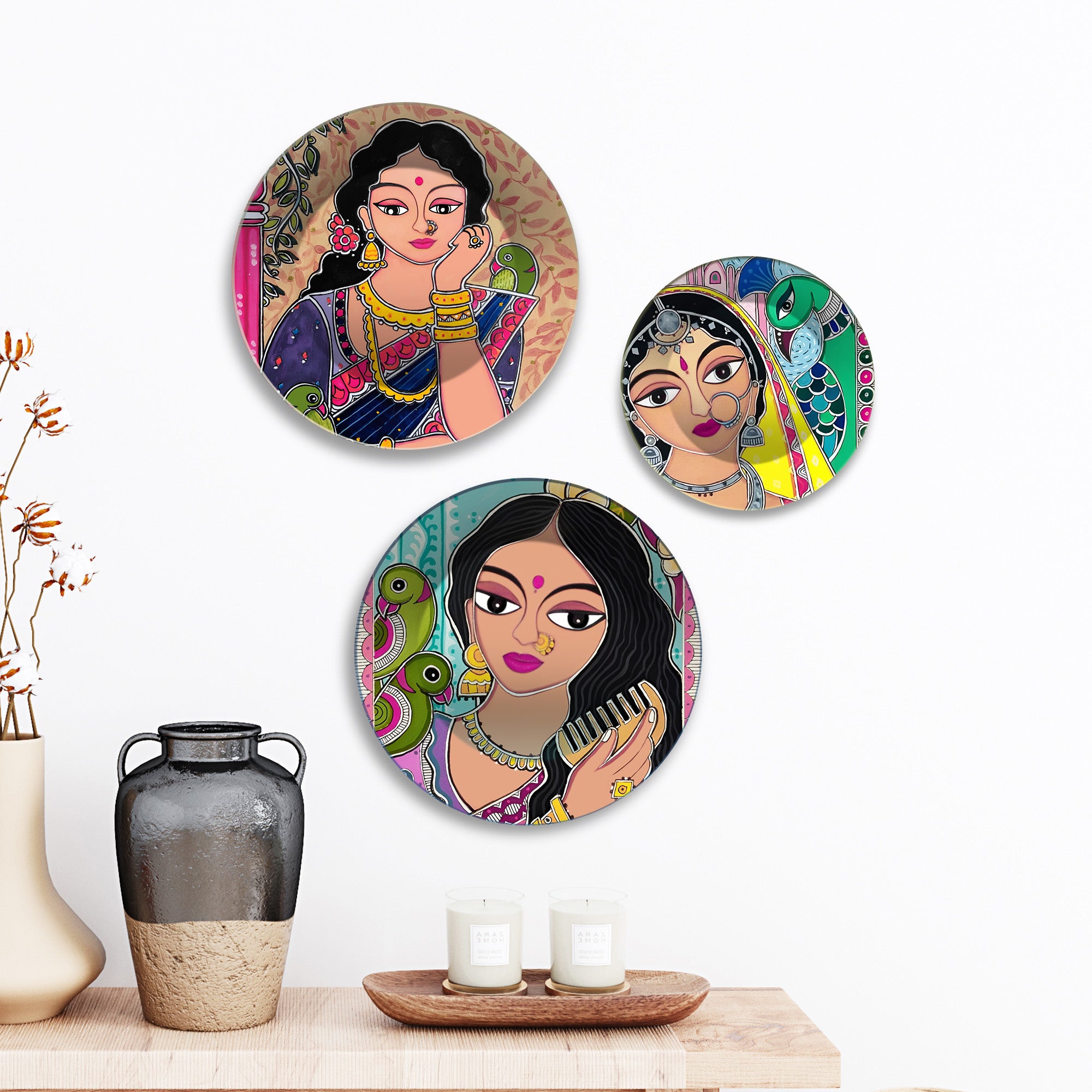 Beautiful Timeless Beauty Folk Art Premium Wall Plates Painting Set of 3