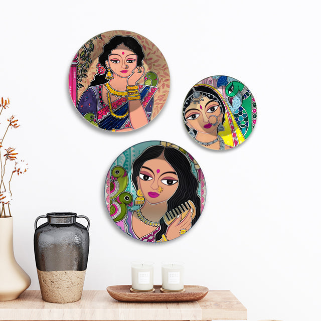 Beautiful Timeless Beauty Folk Art Premium Wall Plates Painting Set of 3