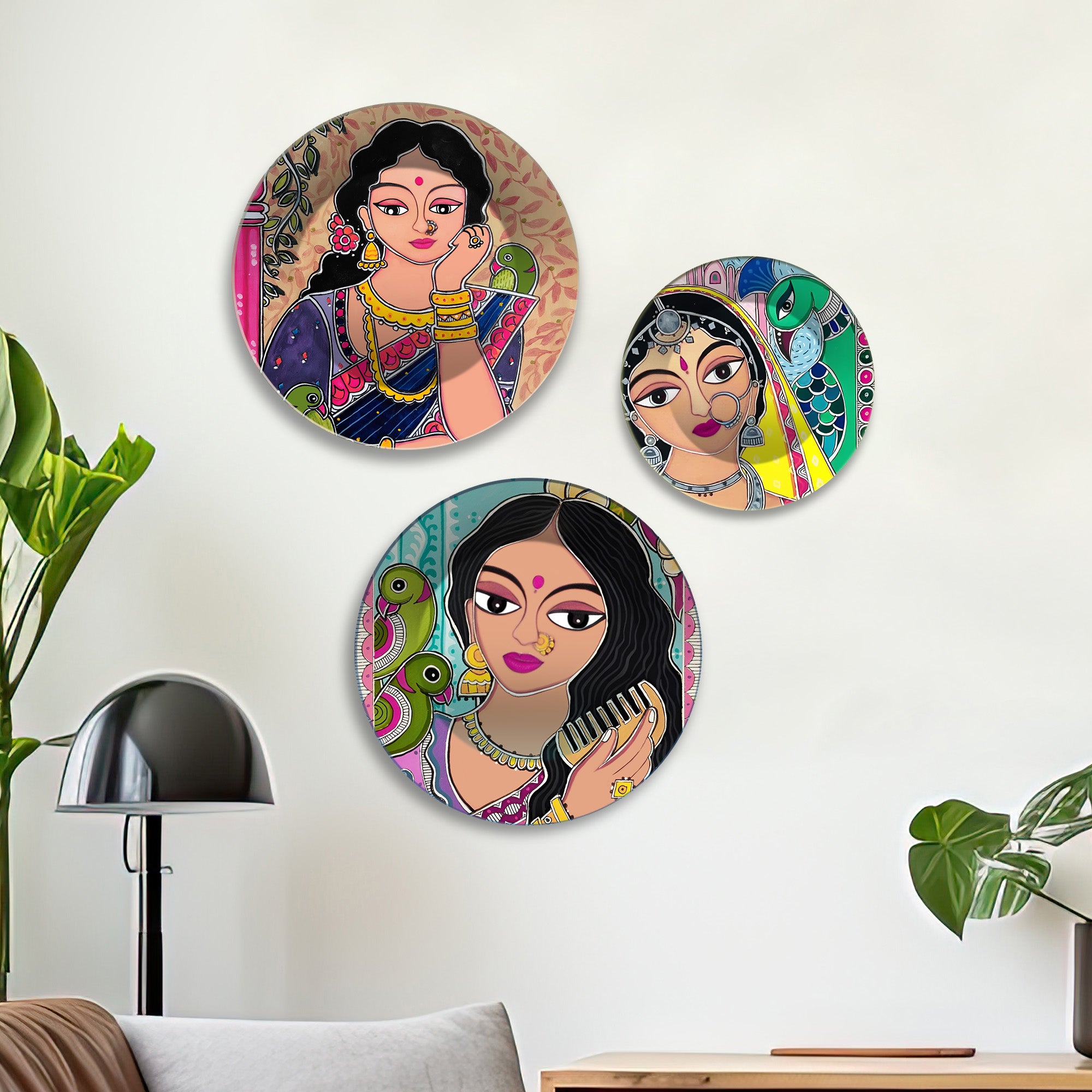 Beautiful Timeless Beauty Folk Art Premium Wall Plates Painting Set of 3