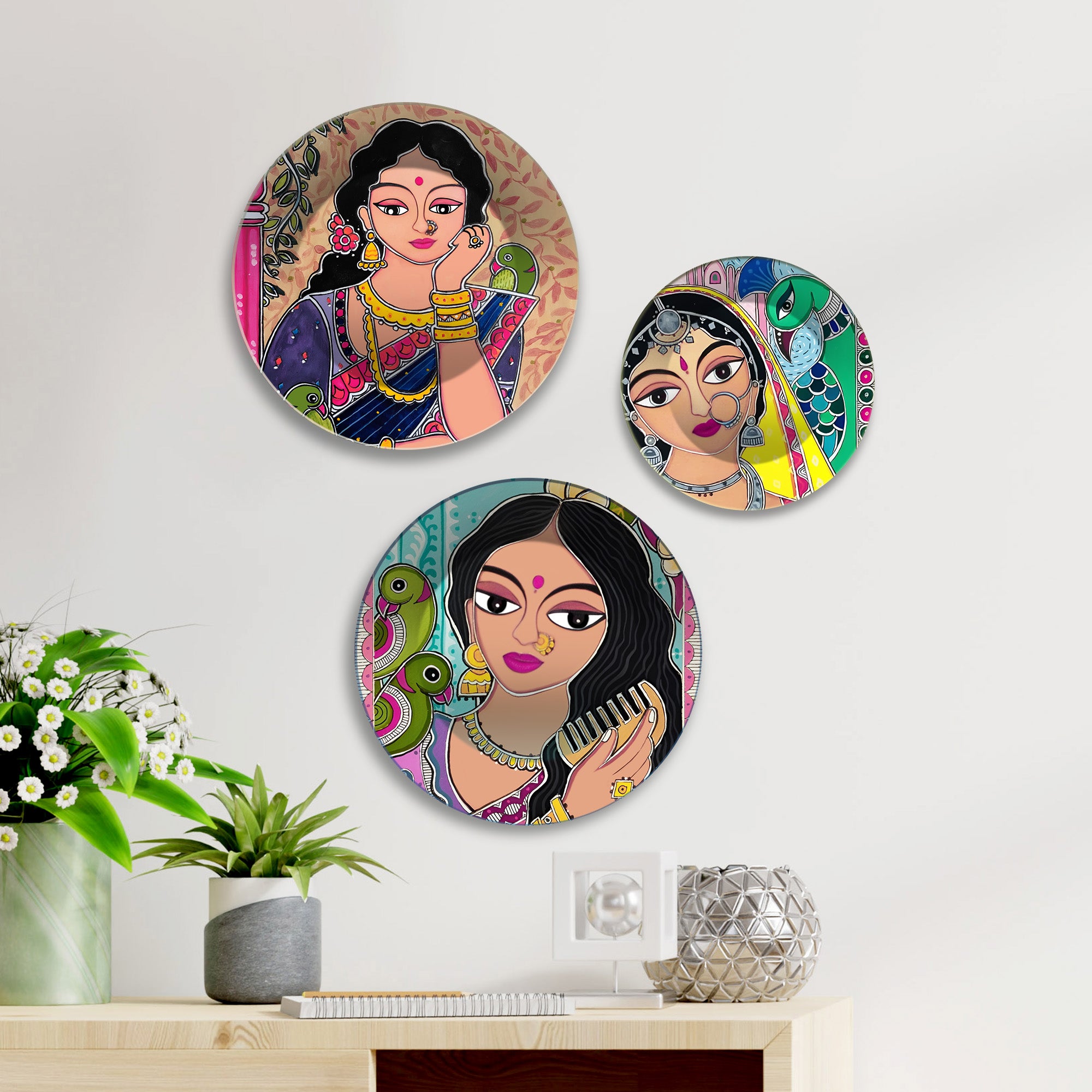Beautiful Timeless Beauty Folk Art Premium Wall Plates Painting Set of 3