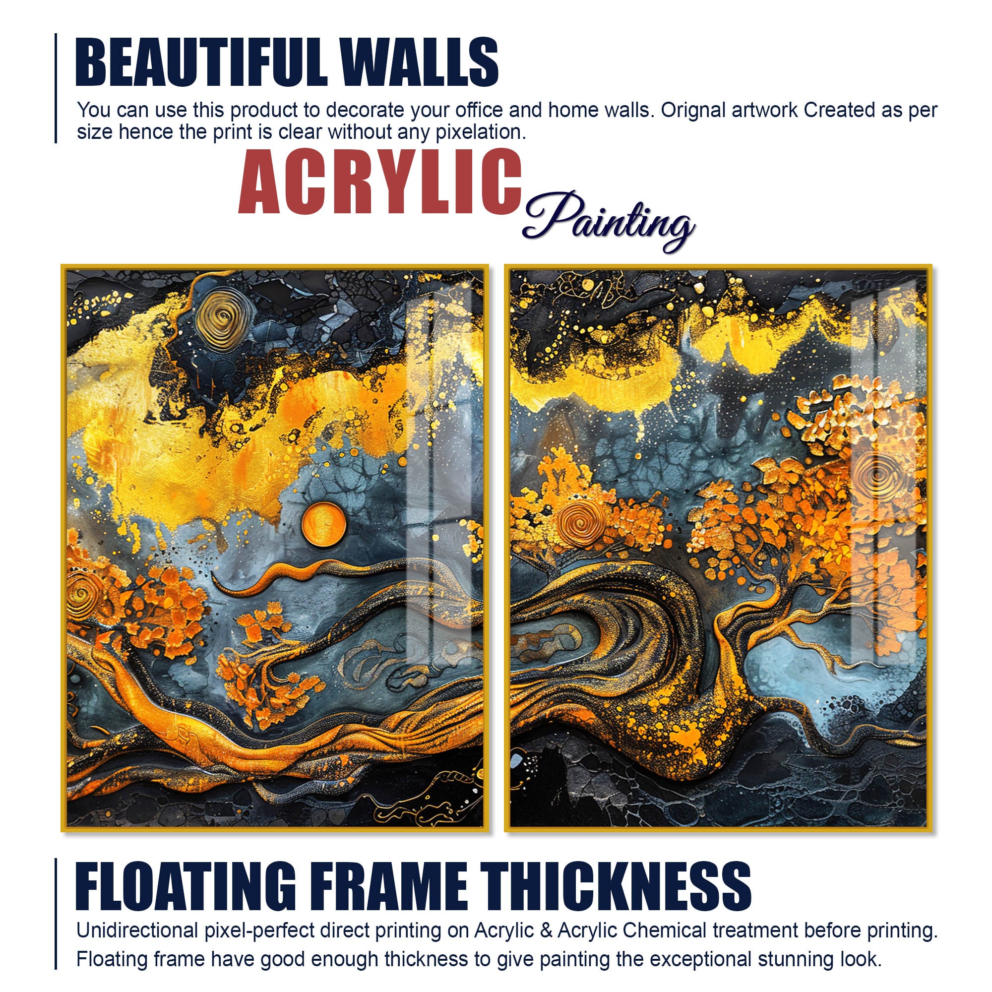 Beautiful Trees Branch Golden Textured Acrylic Art Floating Wall Painting Set of 2