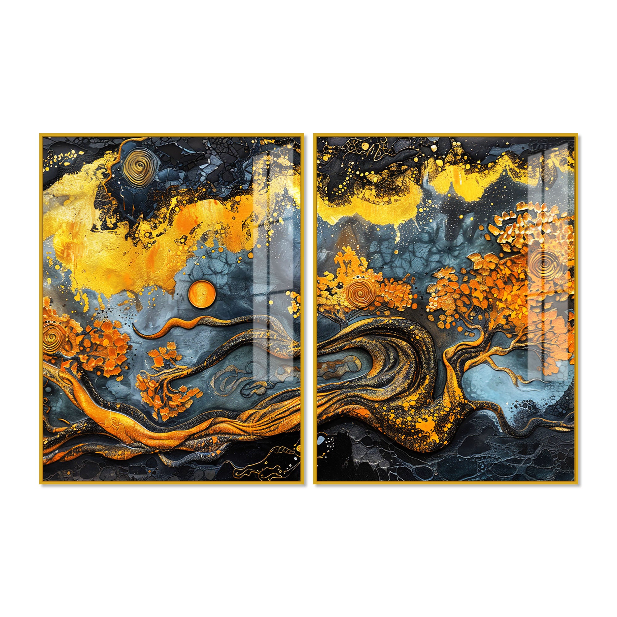 Beautiful Trees Branch Golden Textured Acrylic Art Floating Wall Painting Set of 2