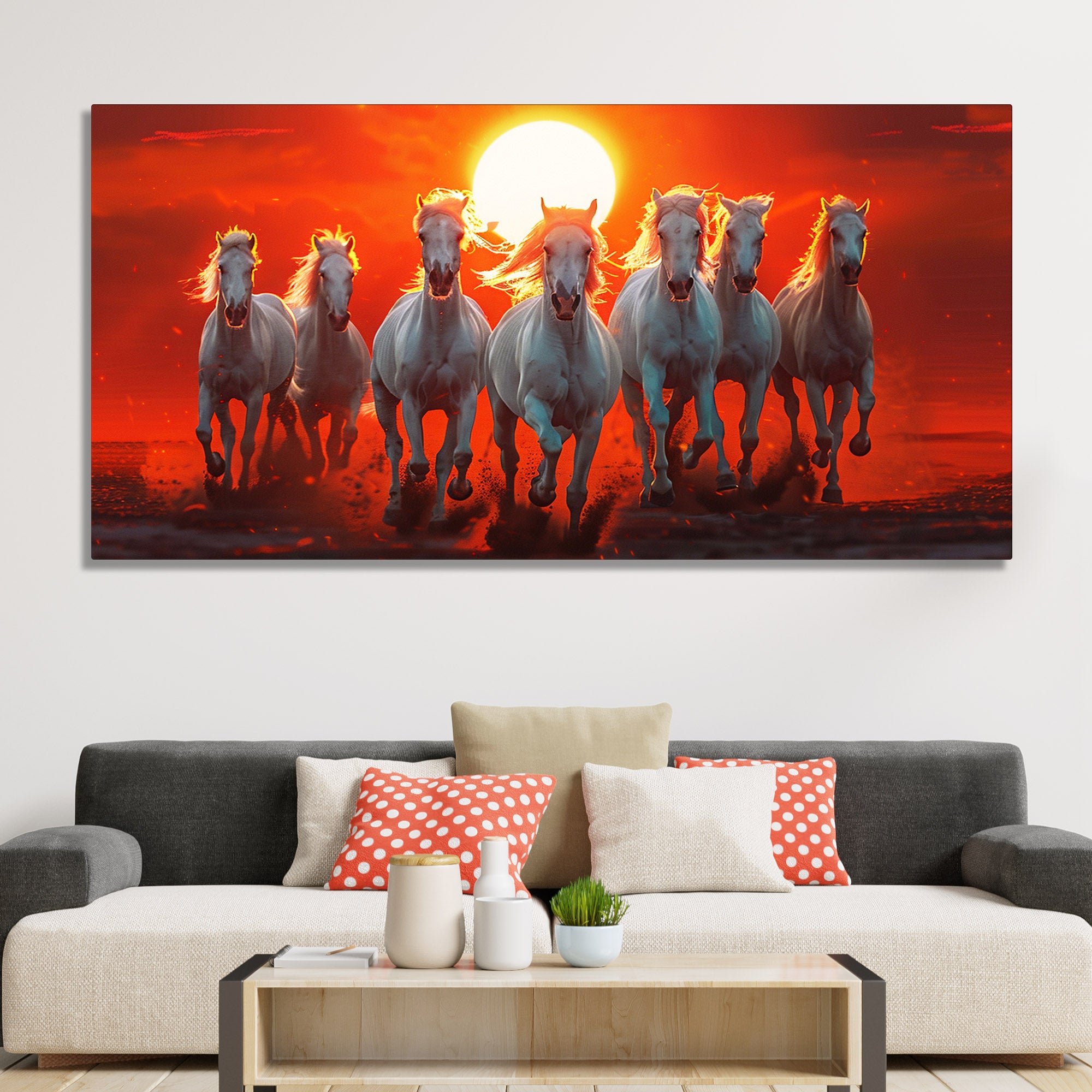 Beautiful View of 7 Running Horses at Sunset Premium Canvas Wall Painting