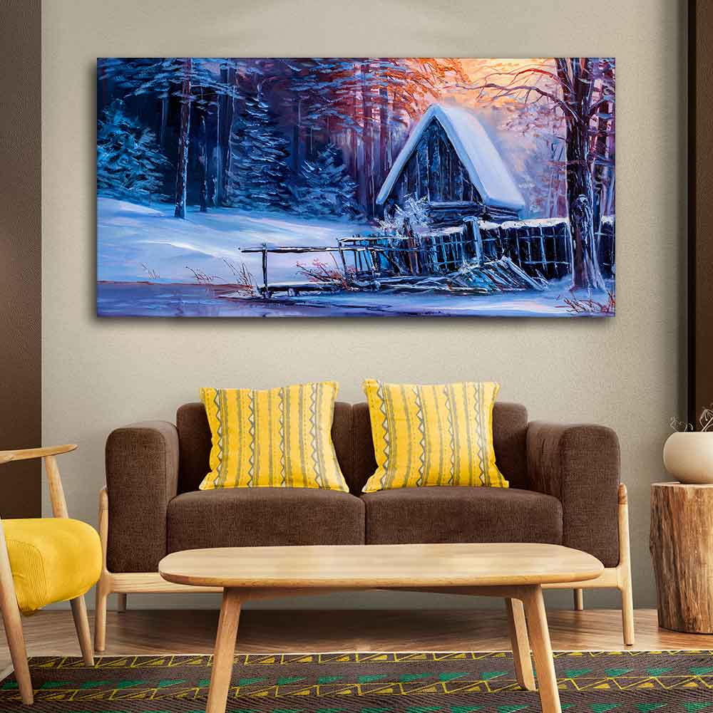 Beautiful Wall Painting of Old Hut in the Winter Forest