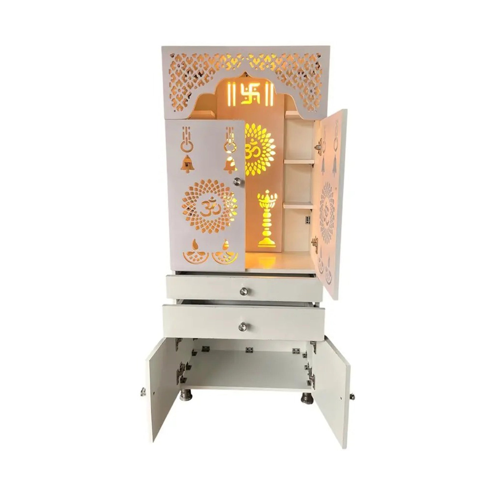 Beautiful White Wooden Floor Temple for Home & Office with LED Swastik OM Panel Drawer & Cabinet Storage