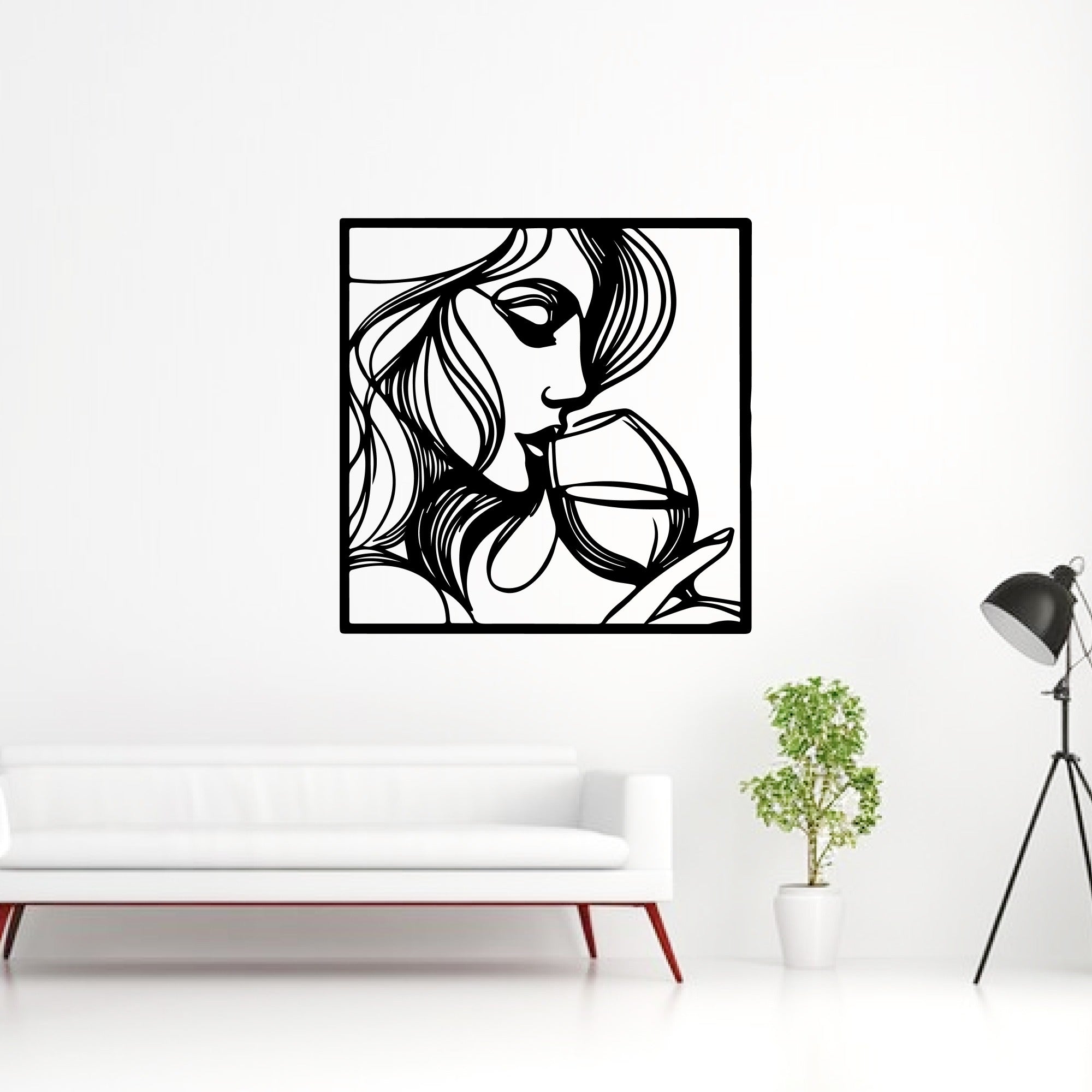 Beautiful Women With Wine Line Art Metal Art Wall Decor