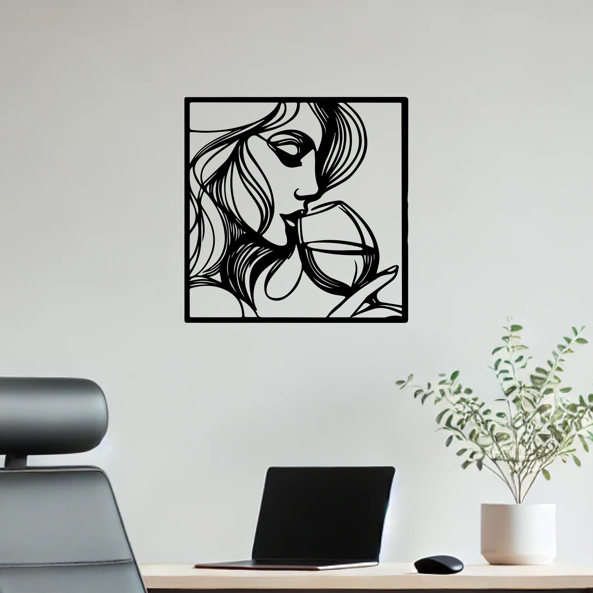 Beautiful Women With Wine Line Art Metal Art Wall Decor