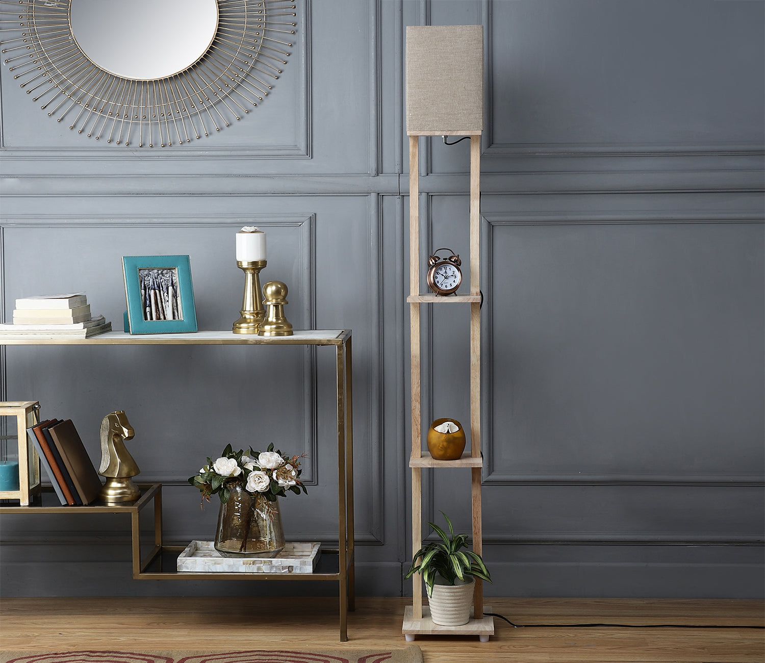 Beige Color Cotton Shade 3 Tier Shelf Storage Solid Wooden Floor Lamp