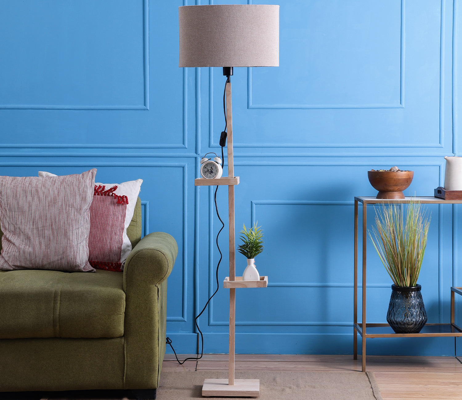 Beige Fabric Double Shelf Floor Lamp with Natural Solid Wood Color Base