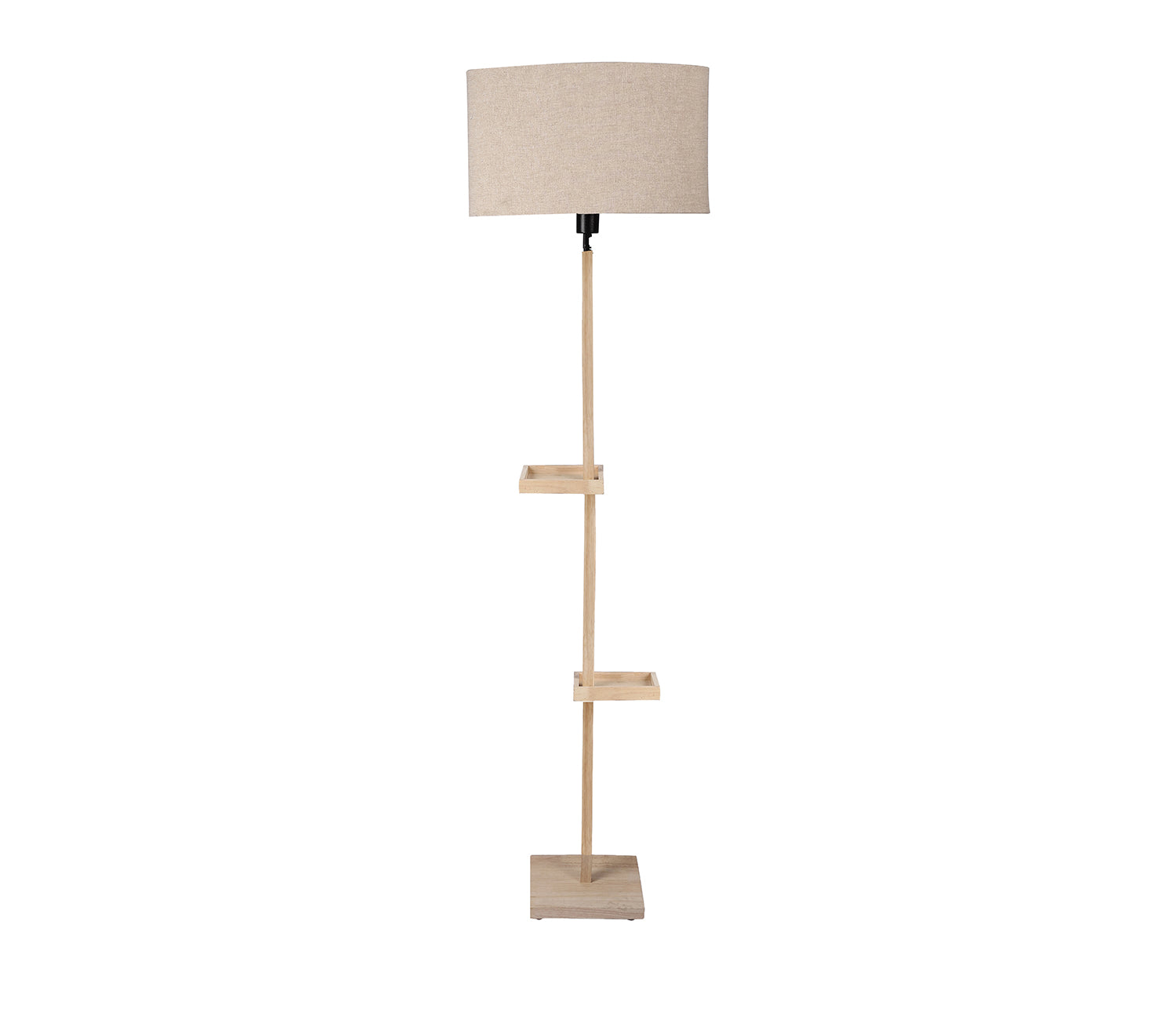 Beige Fabric Double Shelf Floor Lamp with Natural Solid Wood Color Base