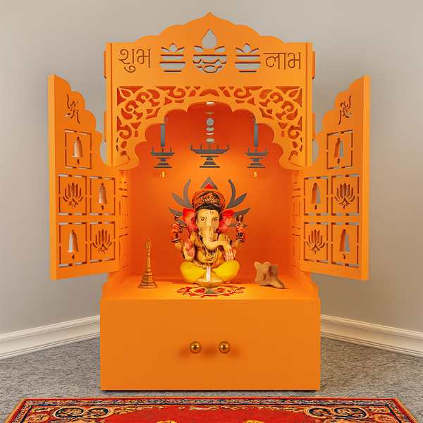 Bhagwa Wooden Floor Pooja Mandir with Laser-Cut Lotus & Bell Doors Shubh Labh Design Hanging Diya Motifs & Storage Cabinet