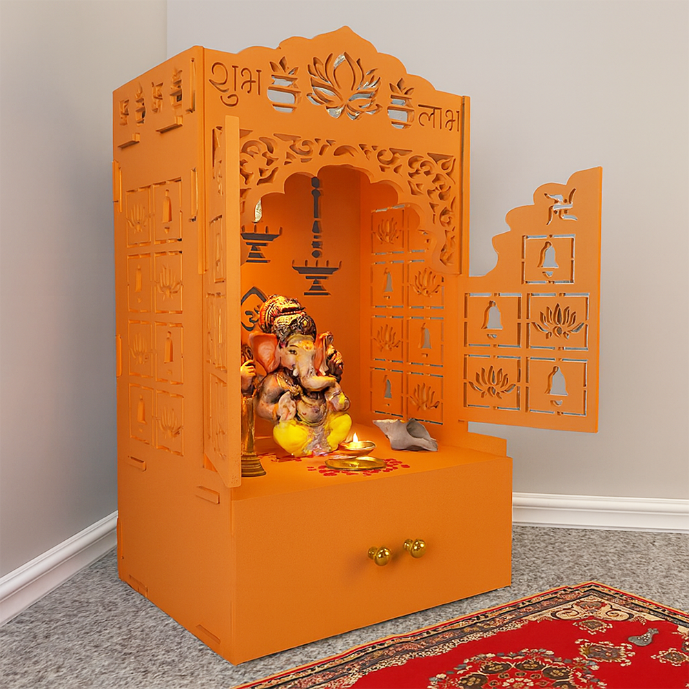 Bhagwa Wooden Floor Pooja Mandir with Laser-Cut Lotus & Bell Doors Shubh Labh Design Hanging Diya Motifs & Storage Cabinet