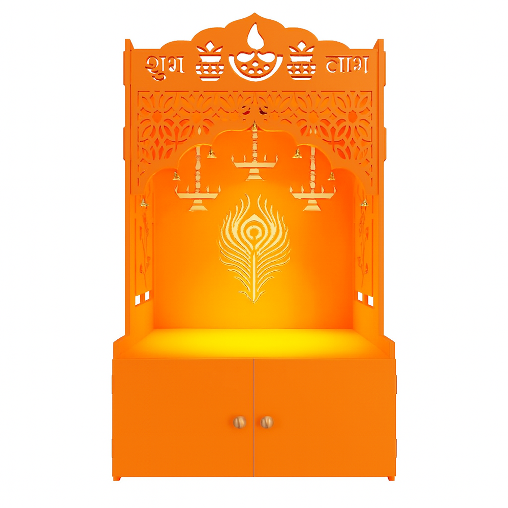 Bhagwa Wooden Floor Pooja Mandir with Shubh Labh Design Floral & Peacock Feather Motifs Laser-Cut Panels & Storage Cabinet