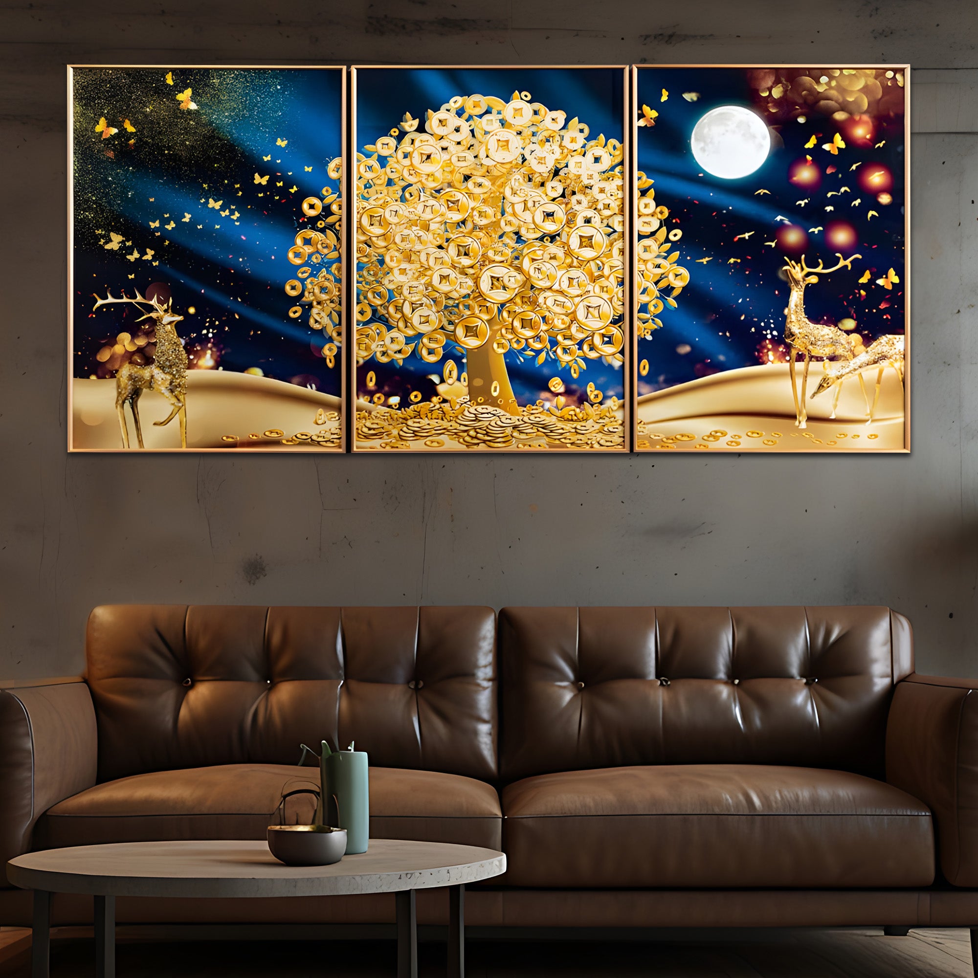 Big Golden Tree Framed Crystal Glass Painting Set of 3