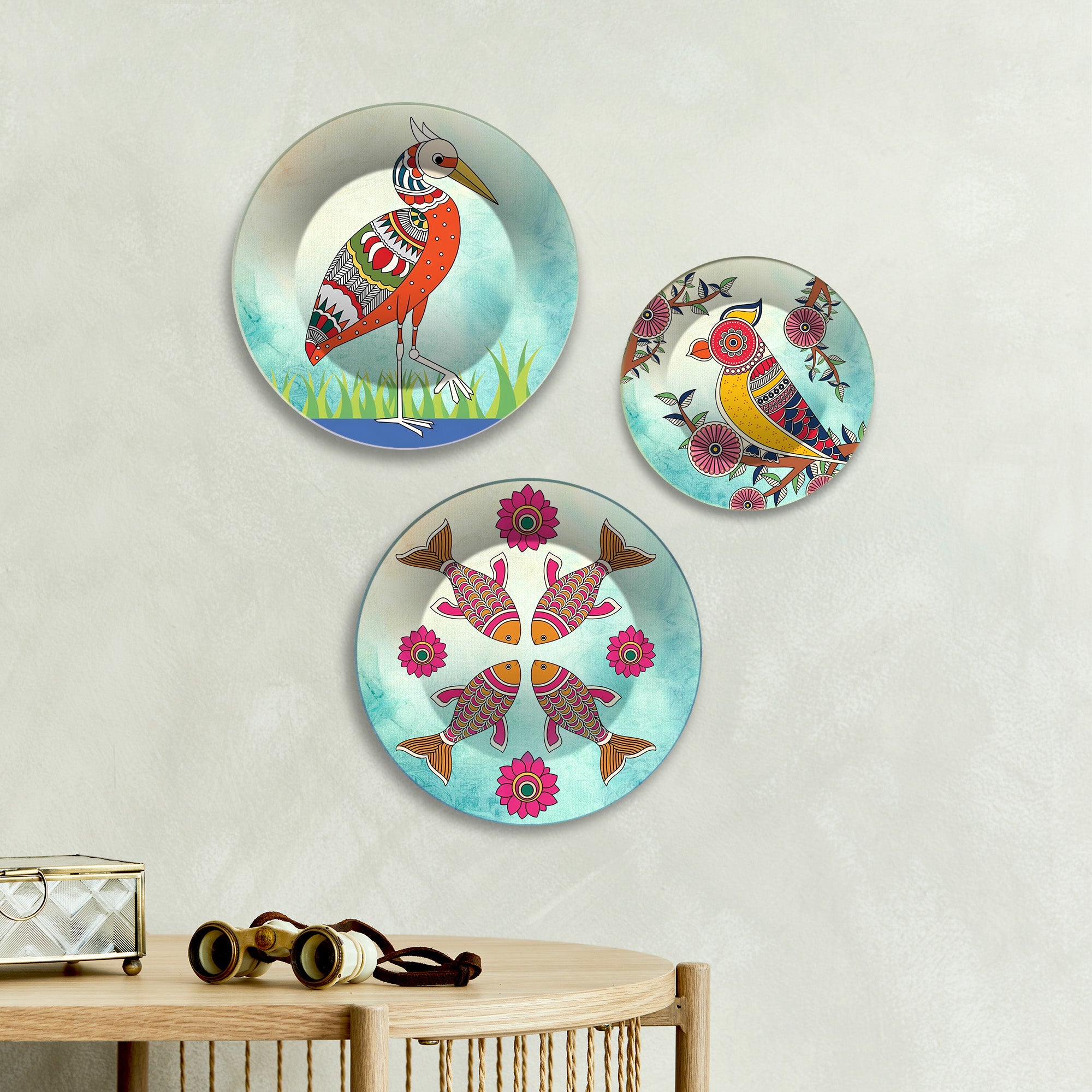 Birds & Fish Folk Aviary Premium Wall Plates Painting Set of 3