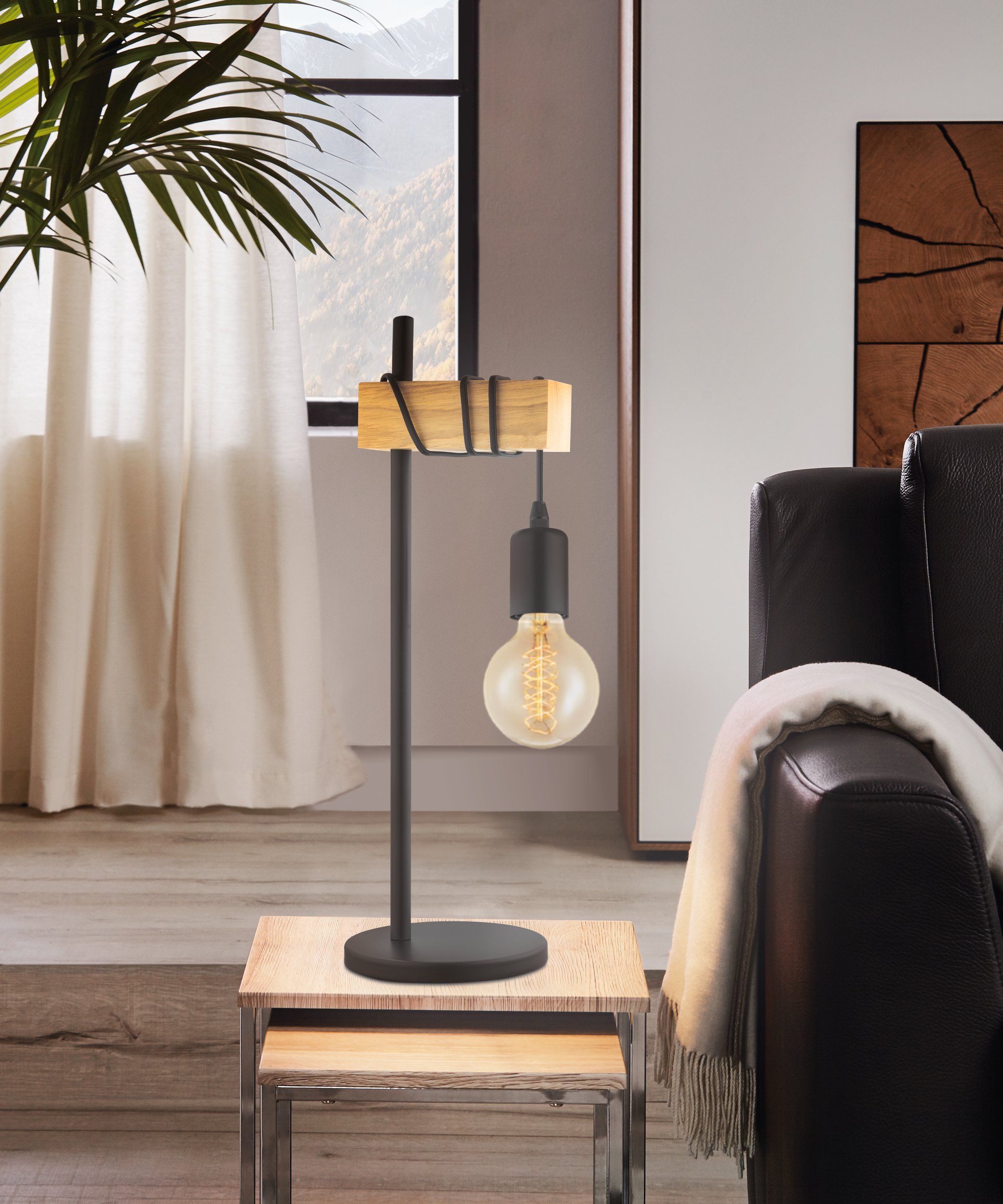 Black Metal & Natural Wooden Table Lamp with Bulb
