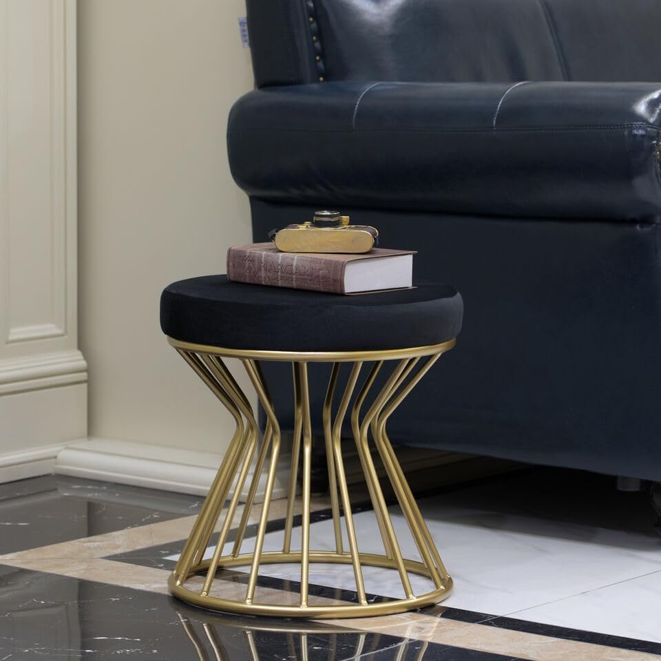 Black Velvet Pouffe with Glamorous Gold Detailing