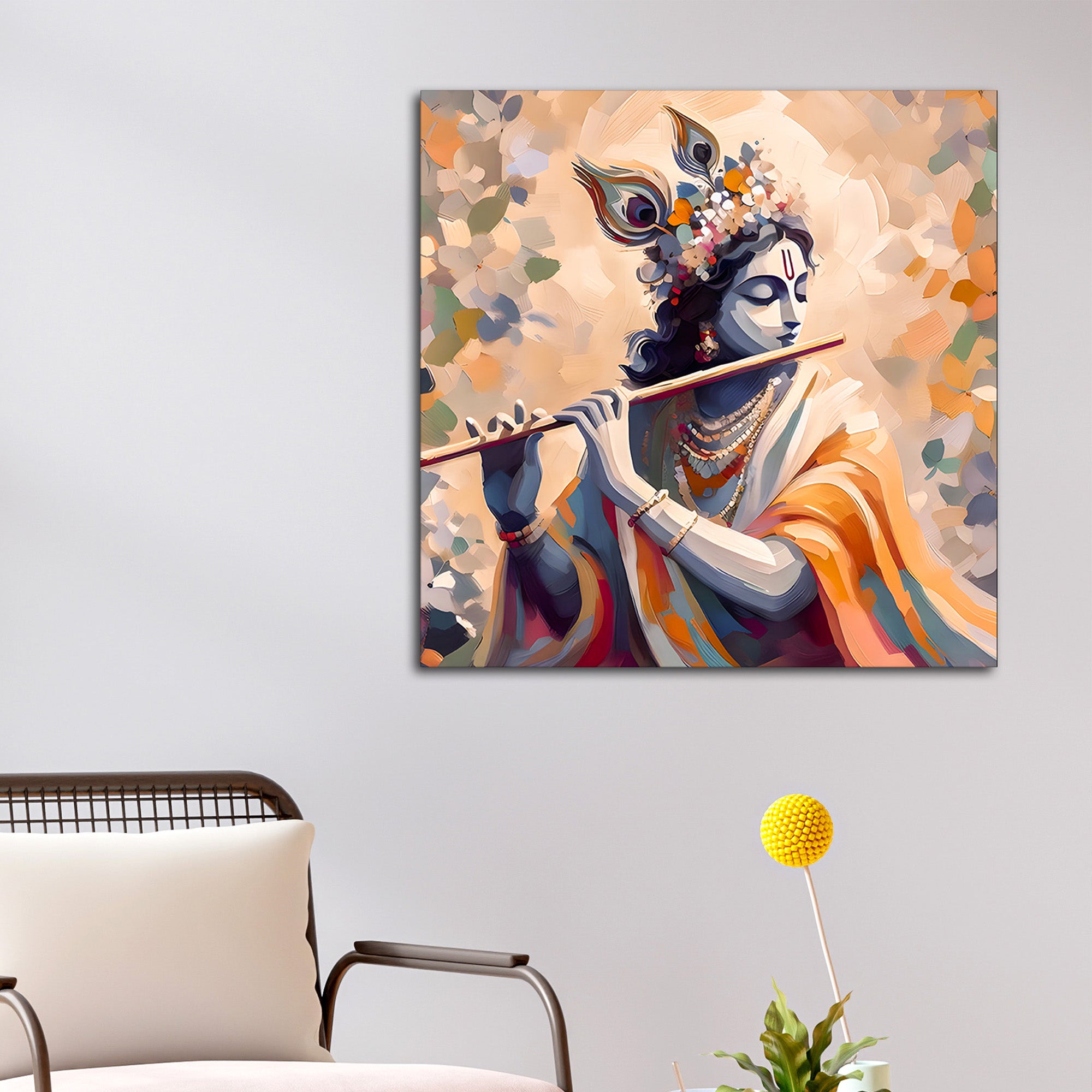 Blissful Lord Krishna Flute Melody Abstract Canvas Wall Painting