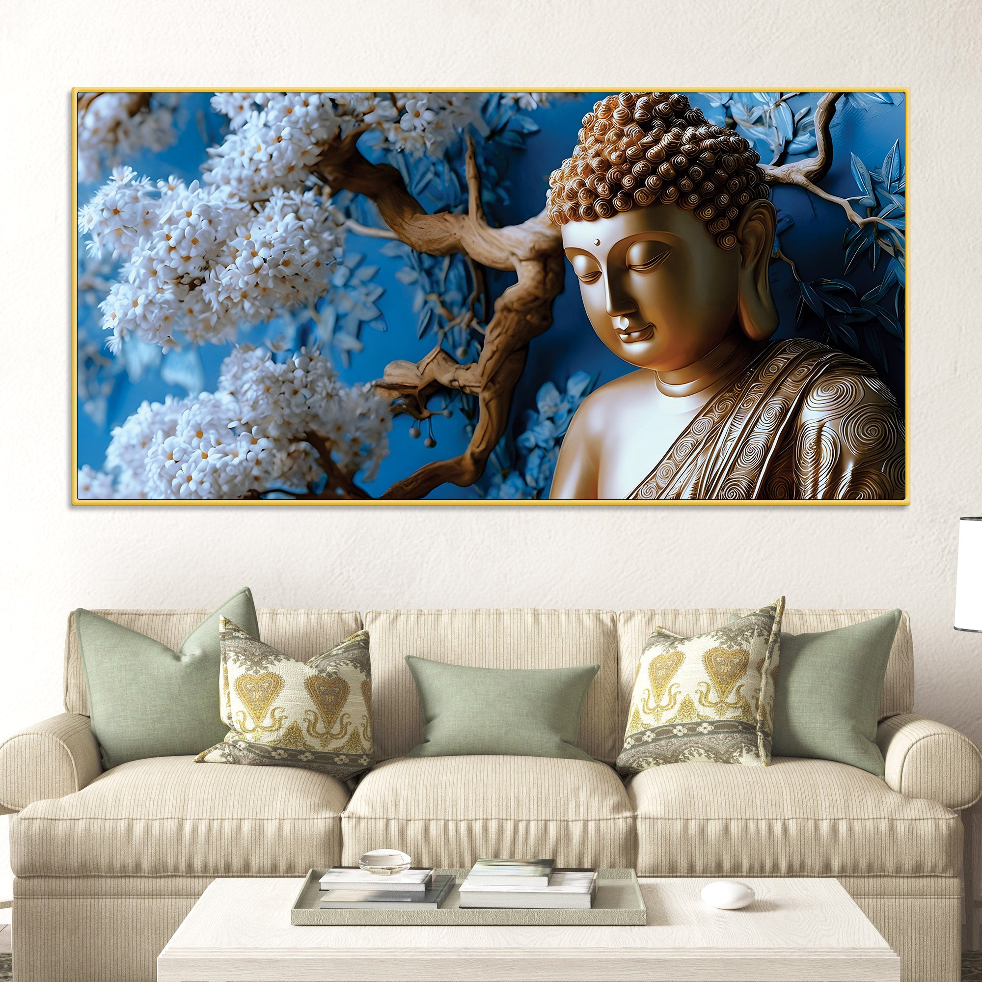 Blue Blossom Buddha Sculpture Style Wall Painting for Home