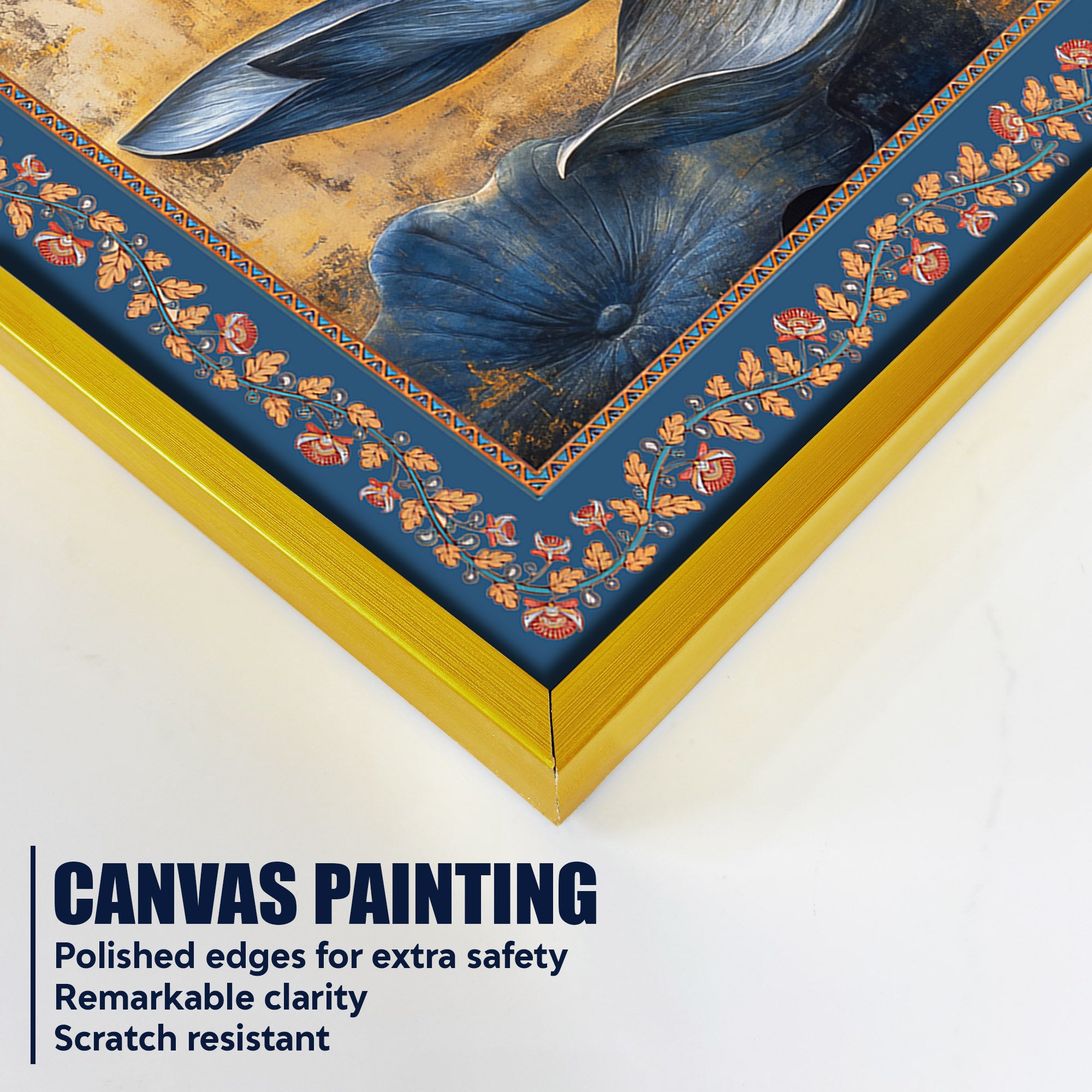 Blue Lotus Flower with Carved Figures Border Canvas Wall Painting