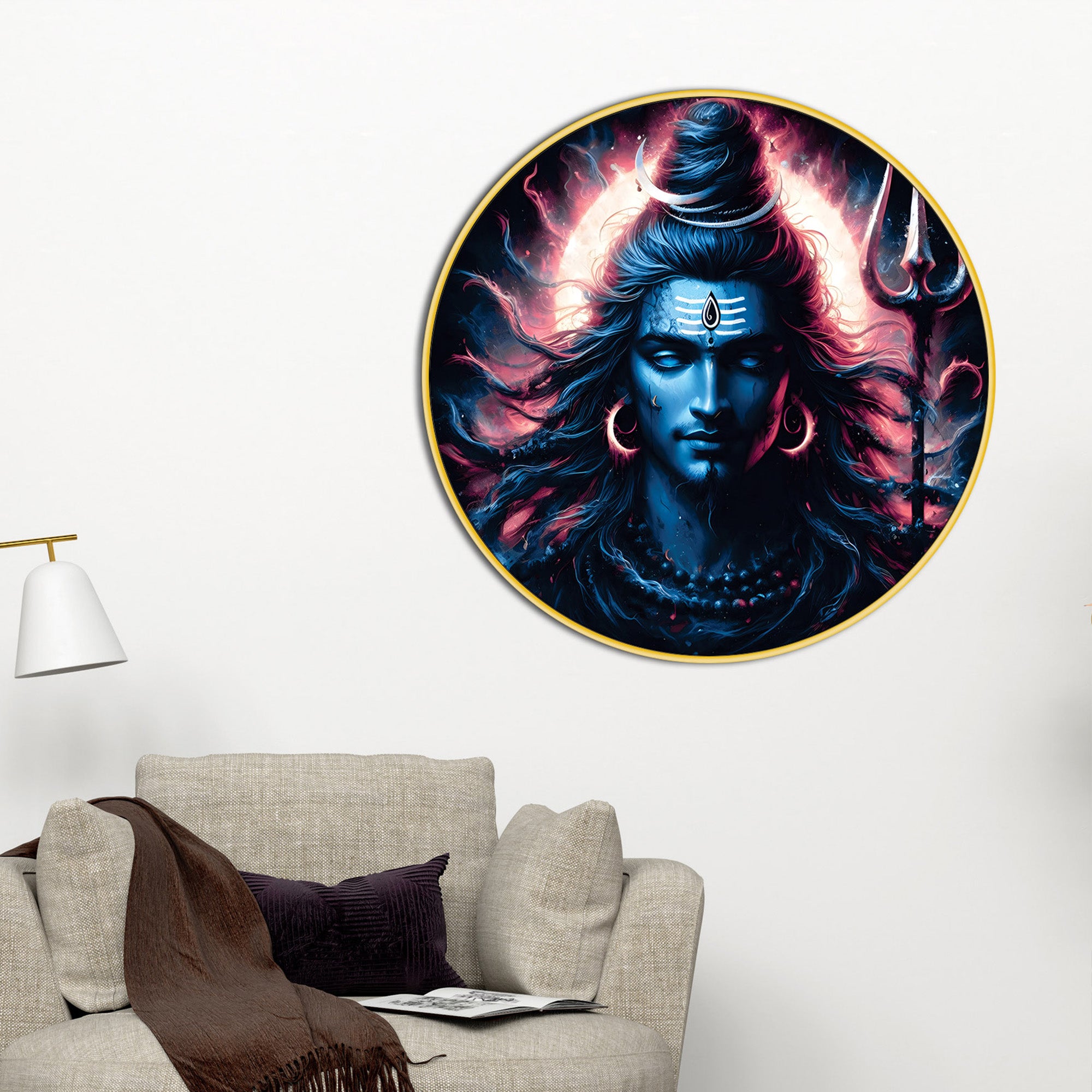 Blue Shiva Wall Art Round Frame Living Room Spiritual Painting