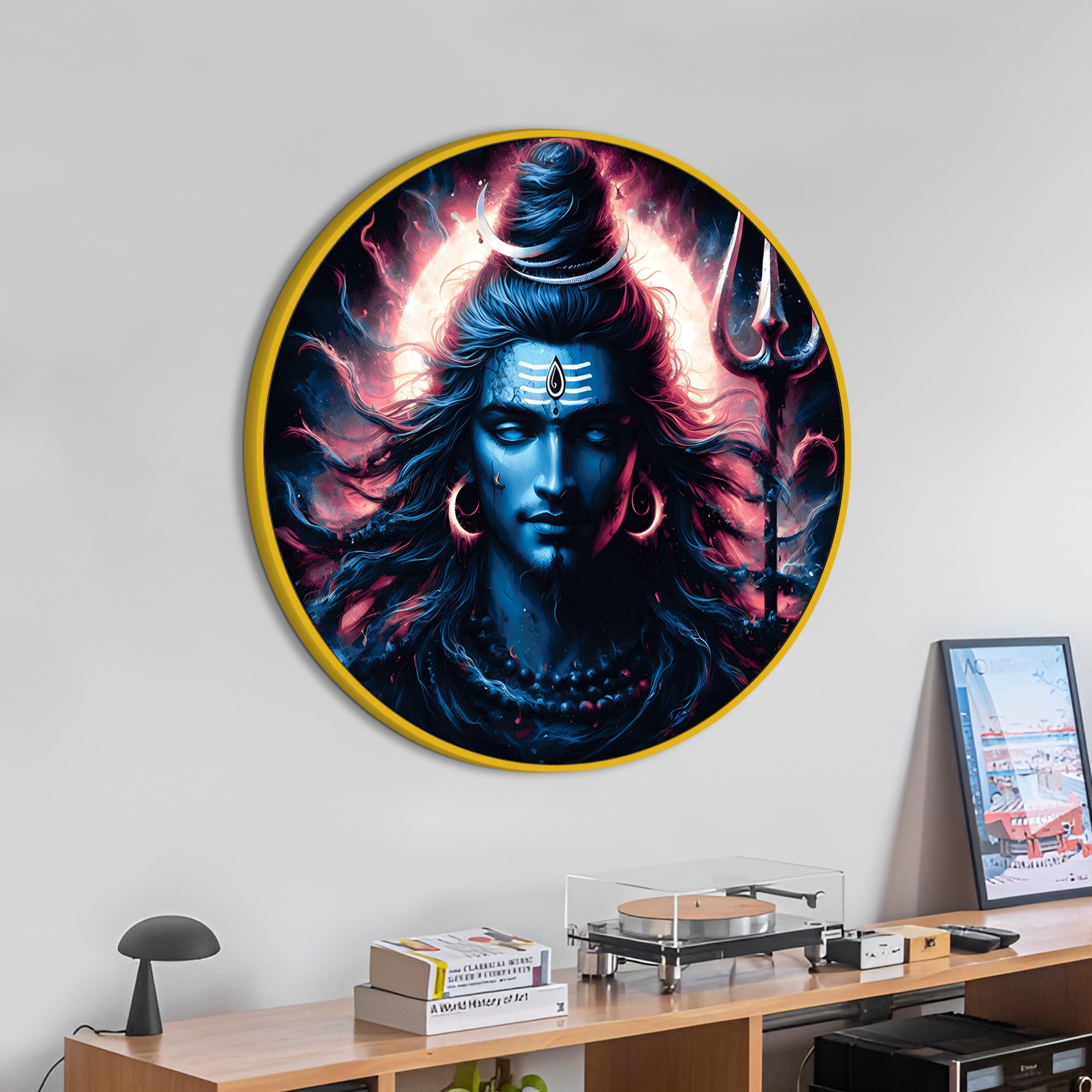Blue Shiva Wall Art Round Frame Living Room Spiritual Painting