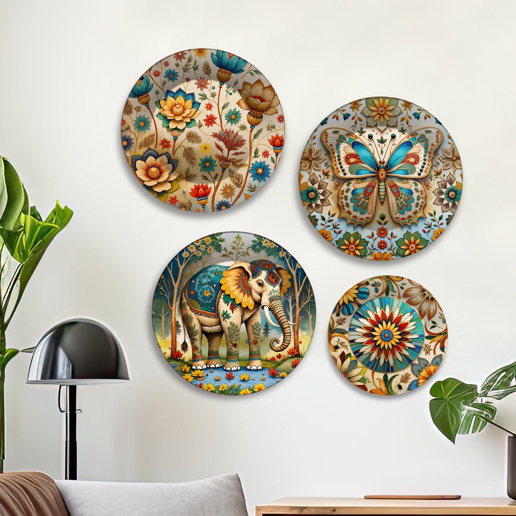 Boho Chic Whimsical Nature Premium Wall Plates Painting Set of Four