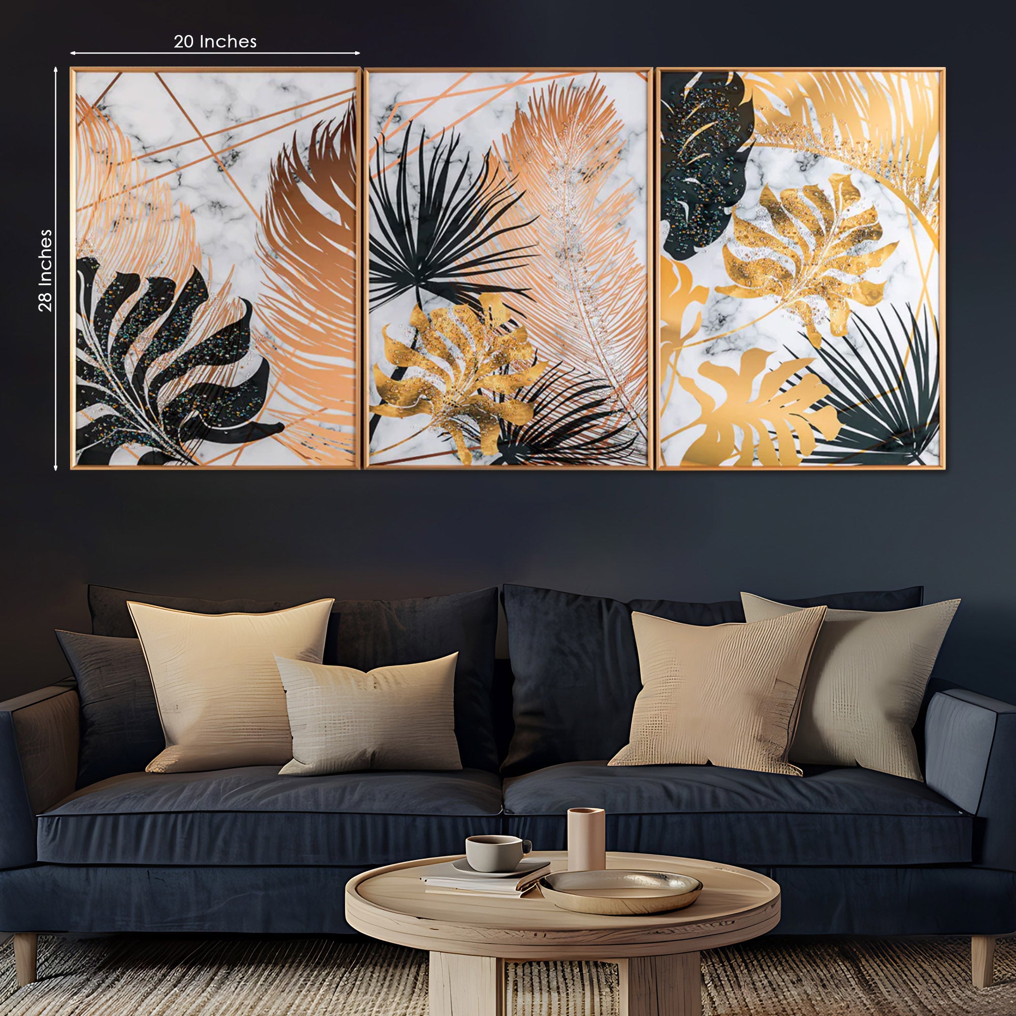 Botanical Leaves Framed Crystal Glass Painting Set of 3