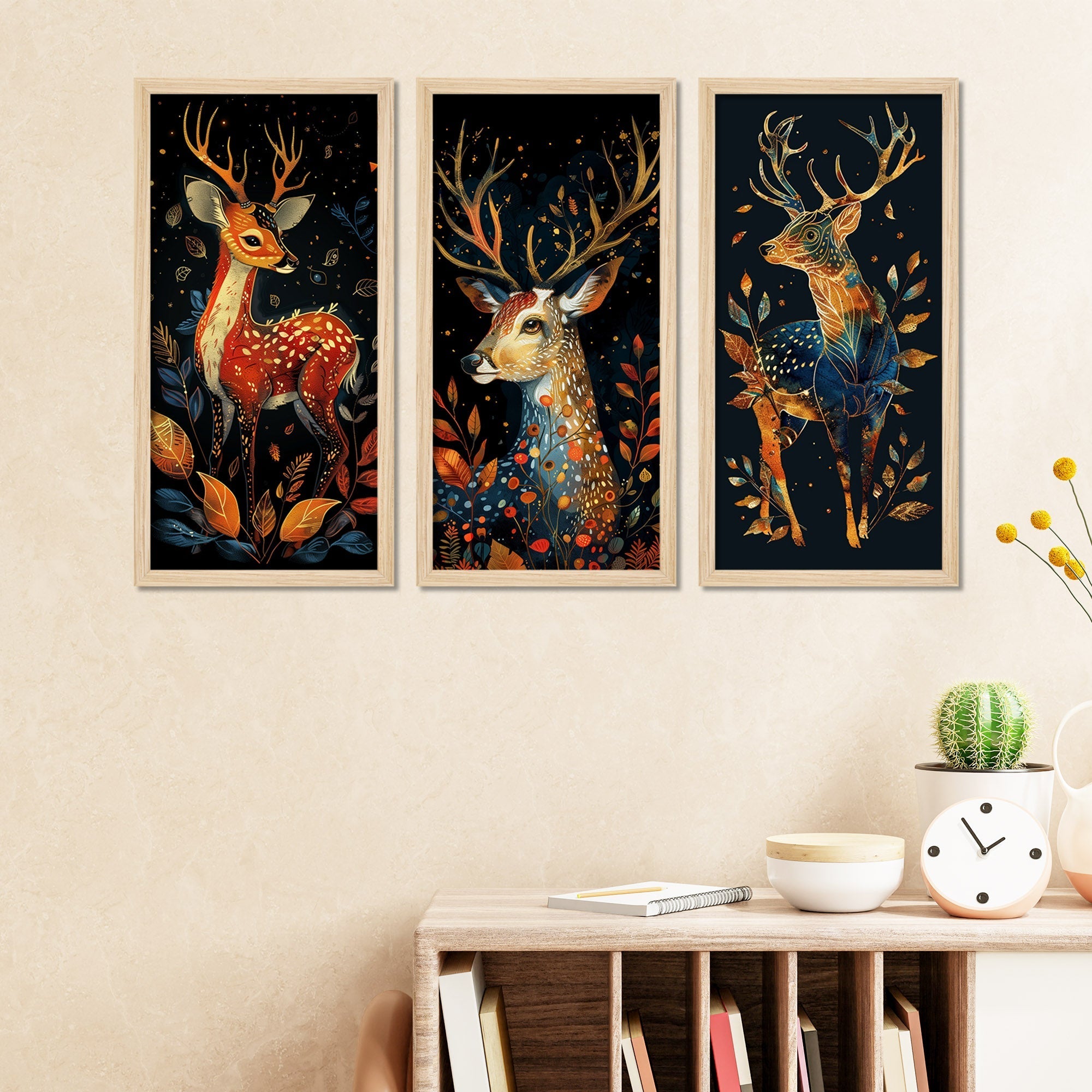 Brightly Colored Deer with Floral Pattern Wooden Wall Frame Set of Three